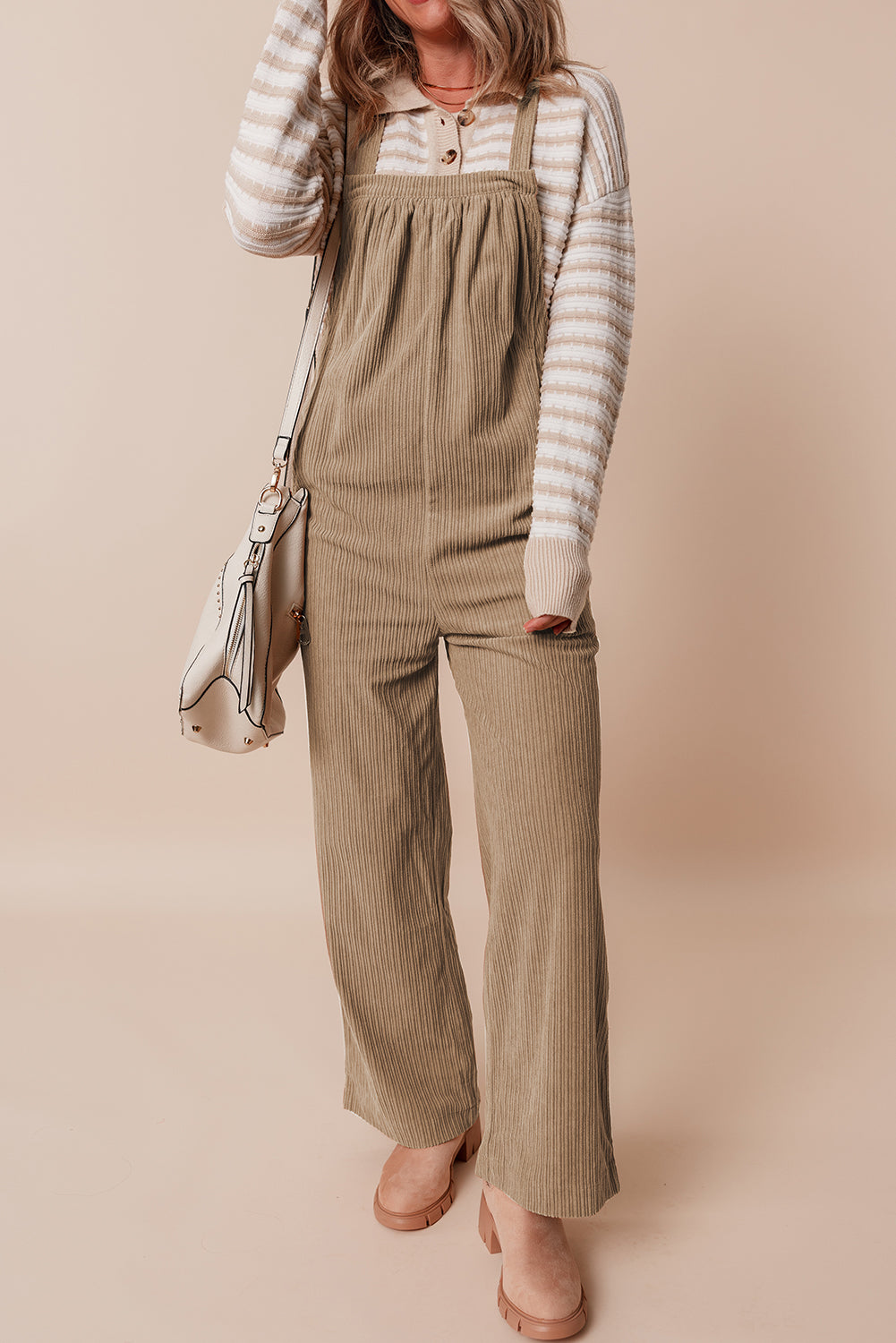 Solid Color Pocketed Corduroy Overall Set