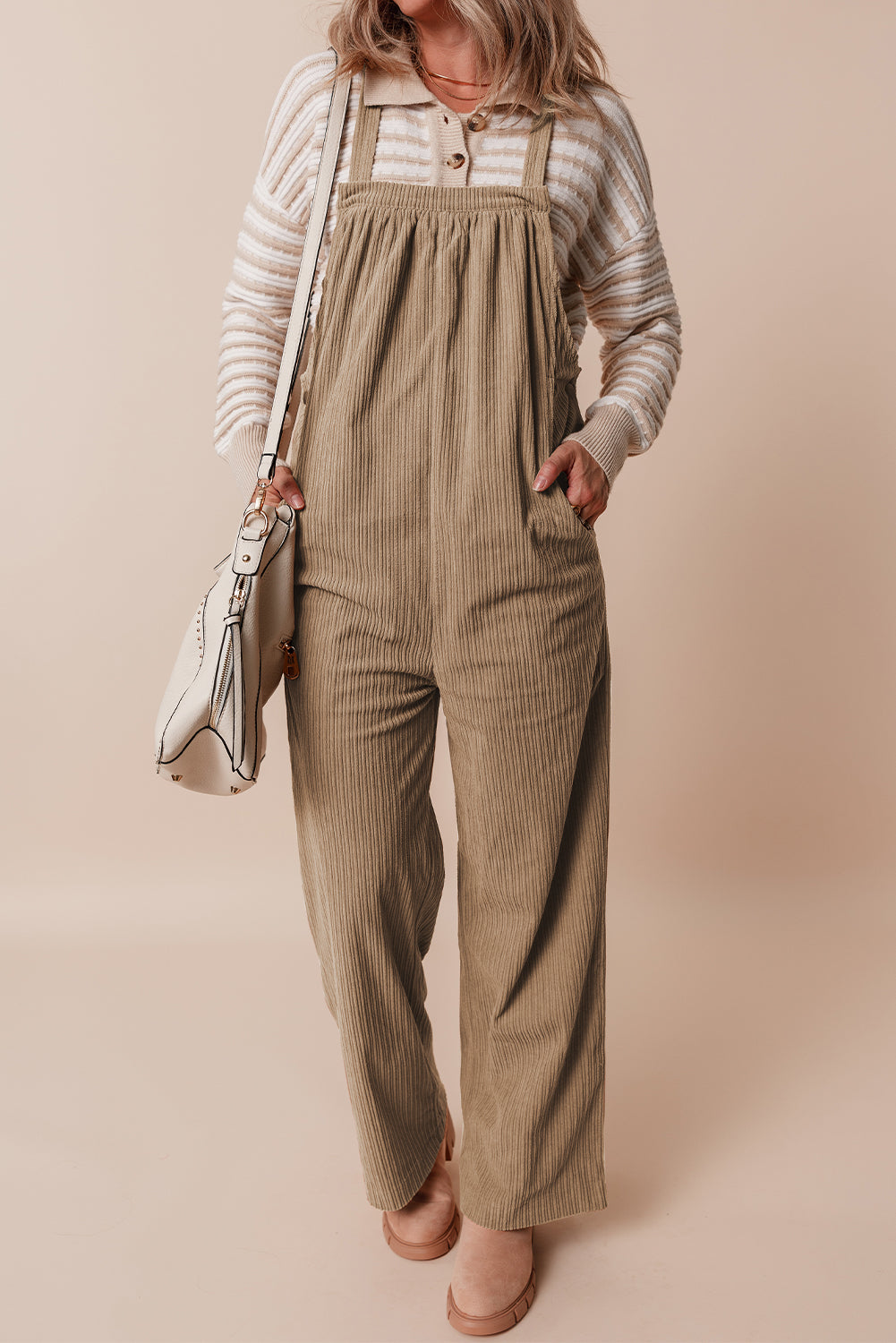 Solid Color Pocketed Corduroy Overall Set