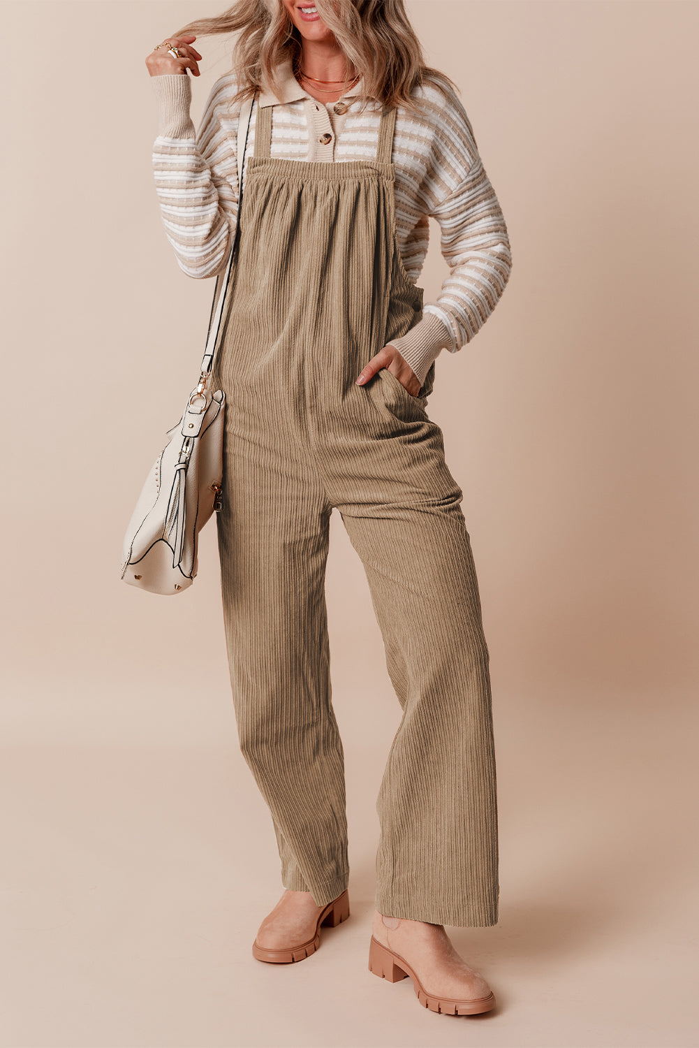 Solid Color Pocketed Corduroy Overall Set