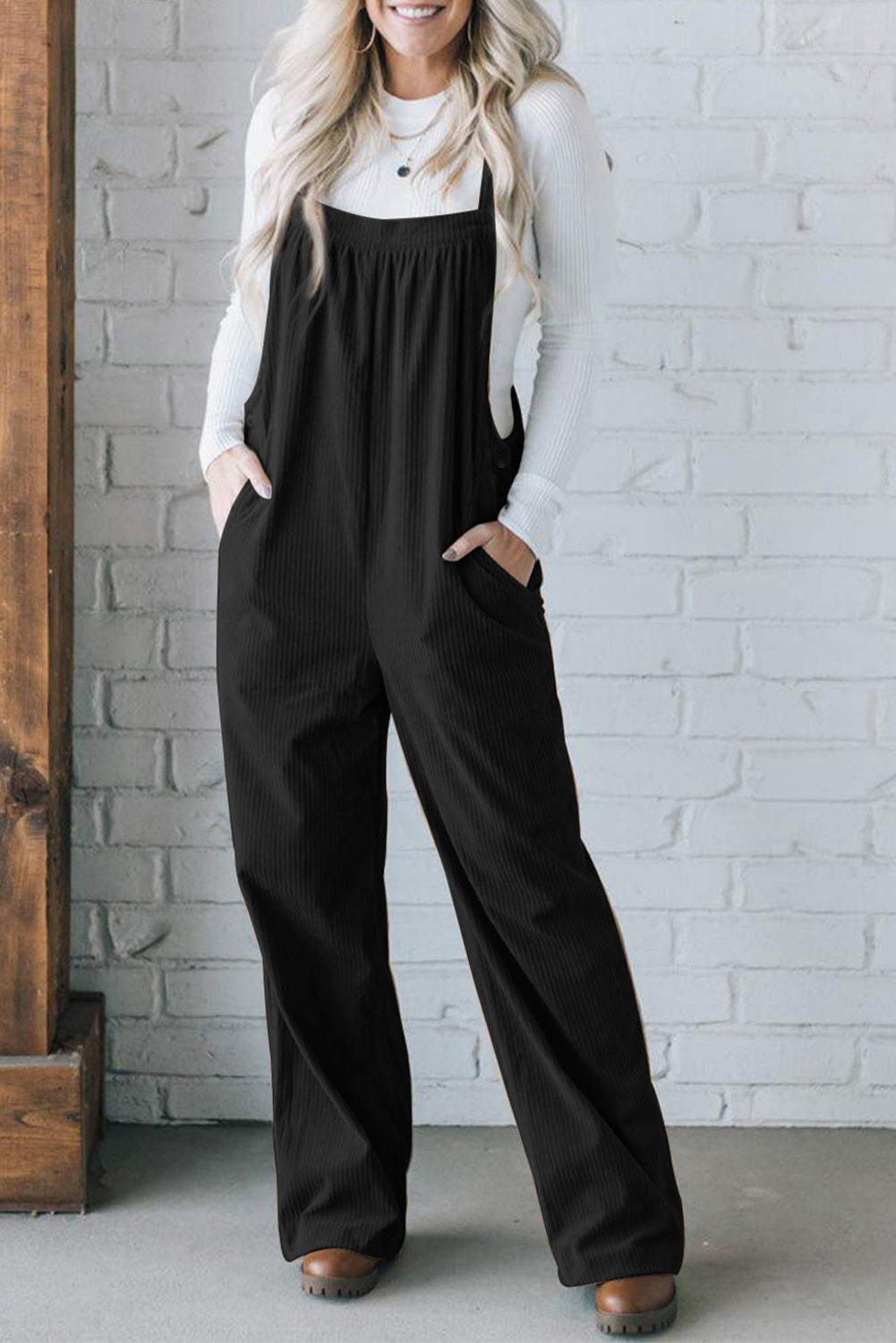 Solid Color Pocketed Corduroy Overall Set