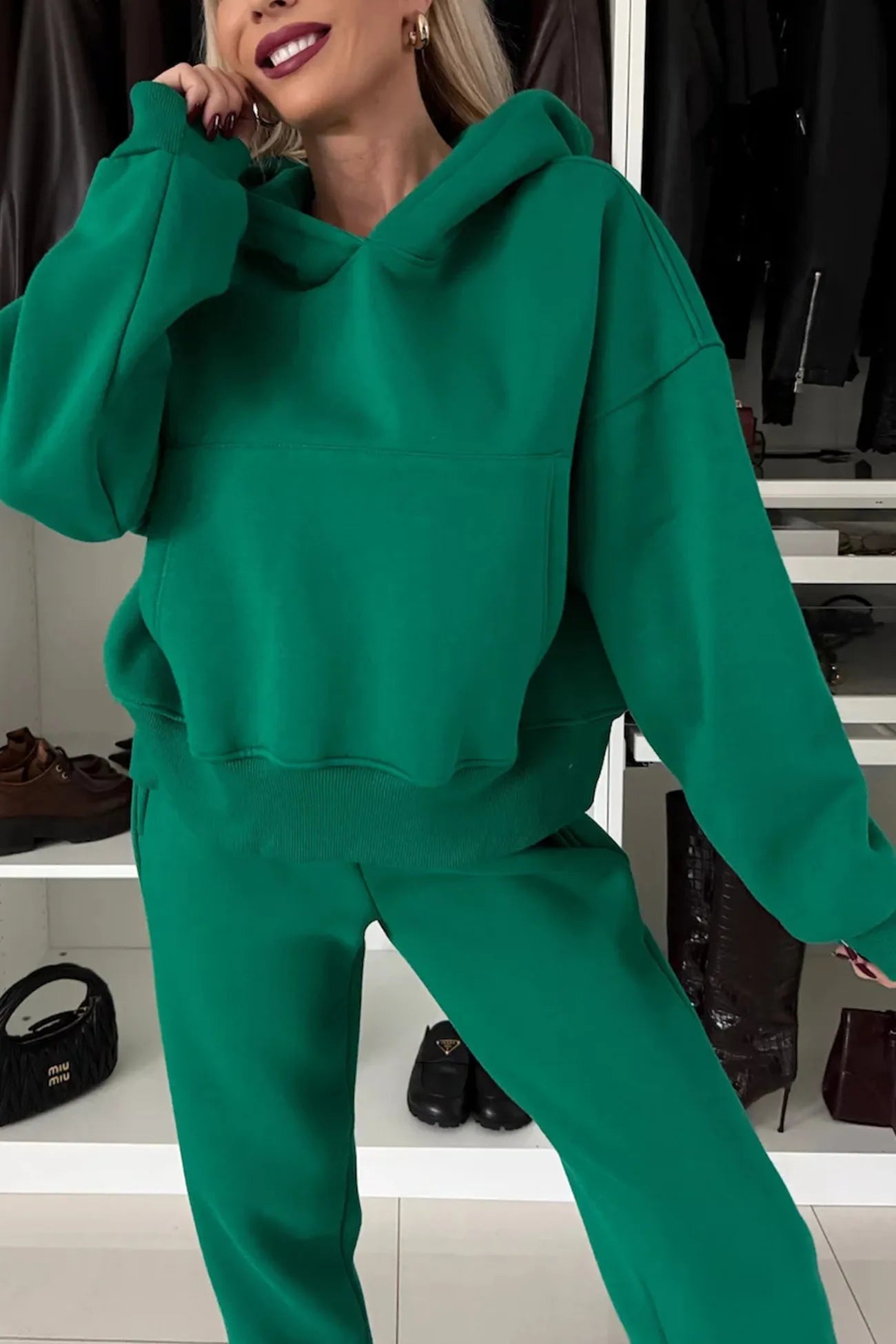 Solid Color Slit Cropped Hoodie Set