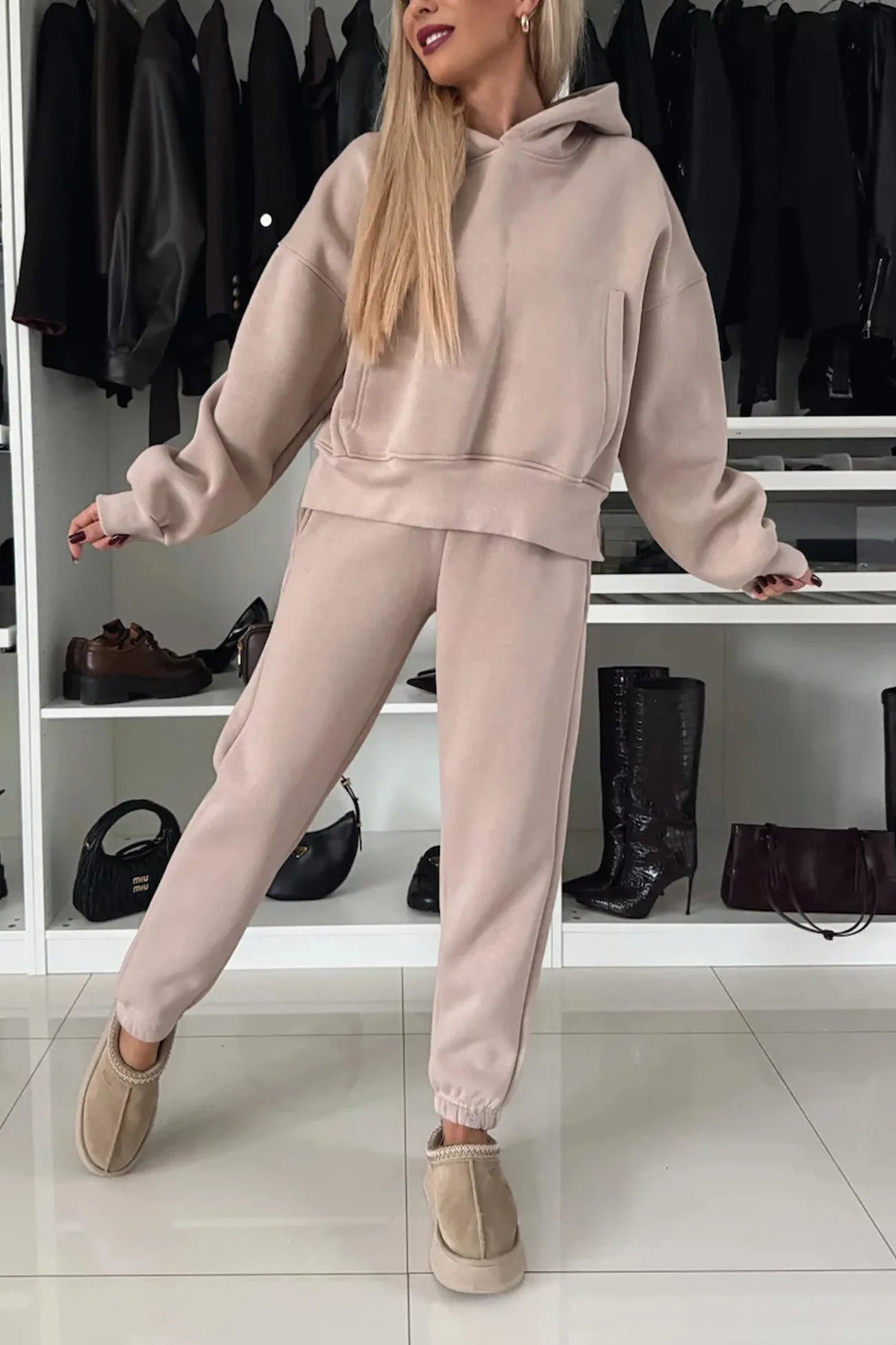 Solid Color Slit Cropped Hoodie Set