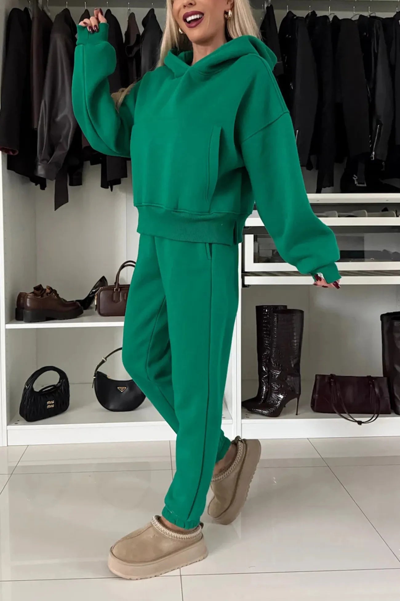 Solid Color Slit Cropped Hoodie Set