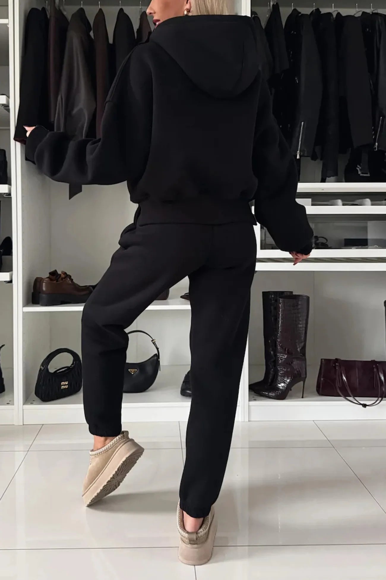 Solid Color Slit Cropped Hoodie Set