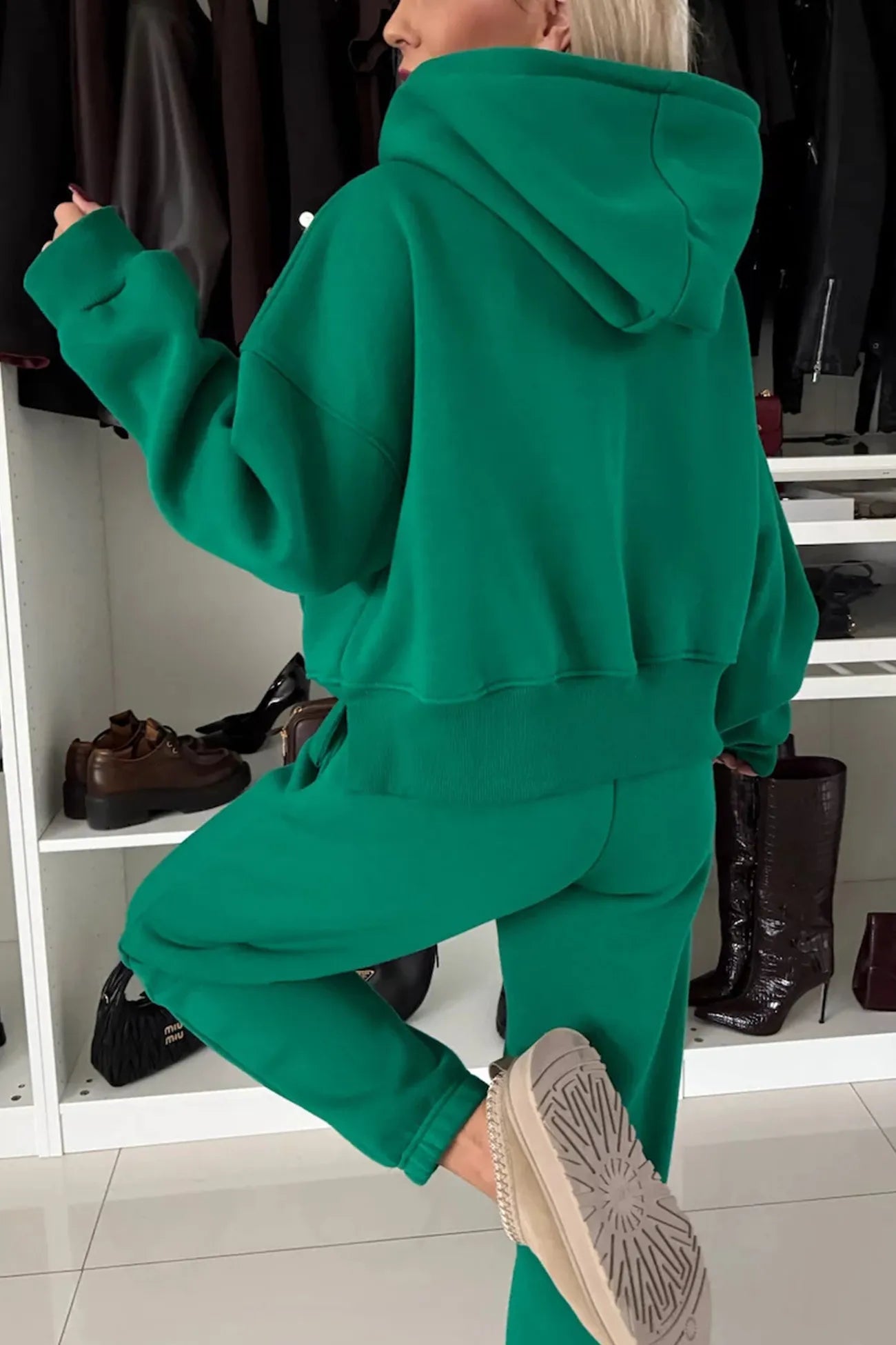 Solid Color Slit Cropped Hoodie Set
