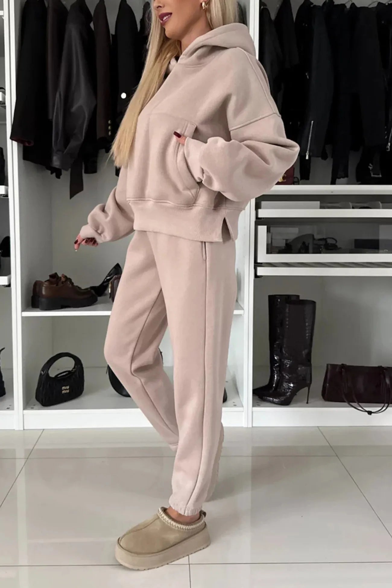 Solid Color Slit Cropped Hoodie Set
