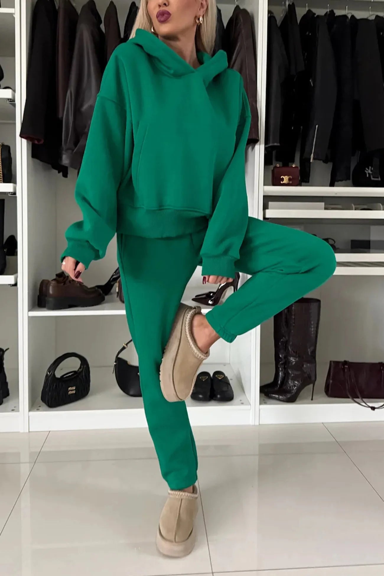 Solid Color Slit Cropped Hoodie Set