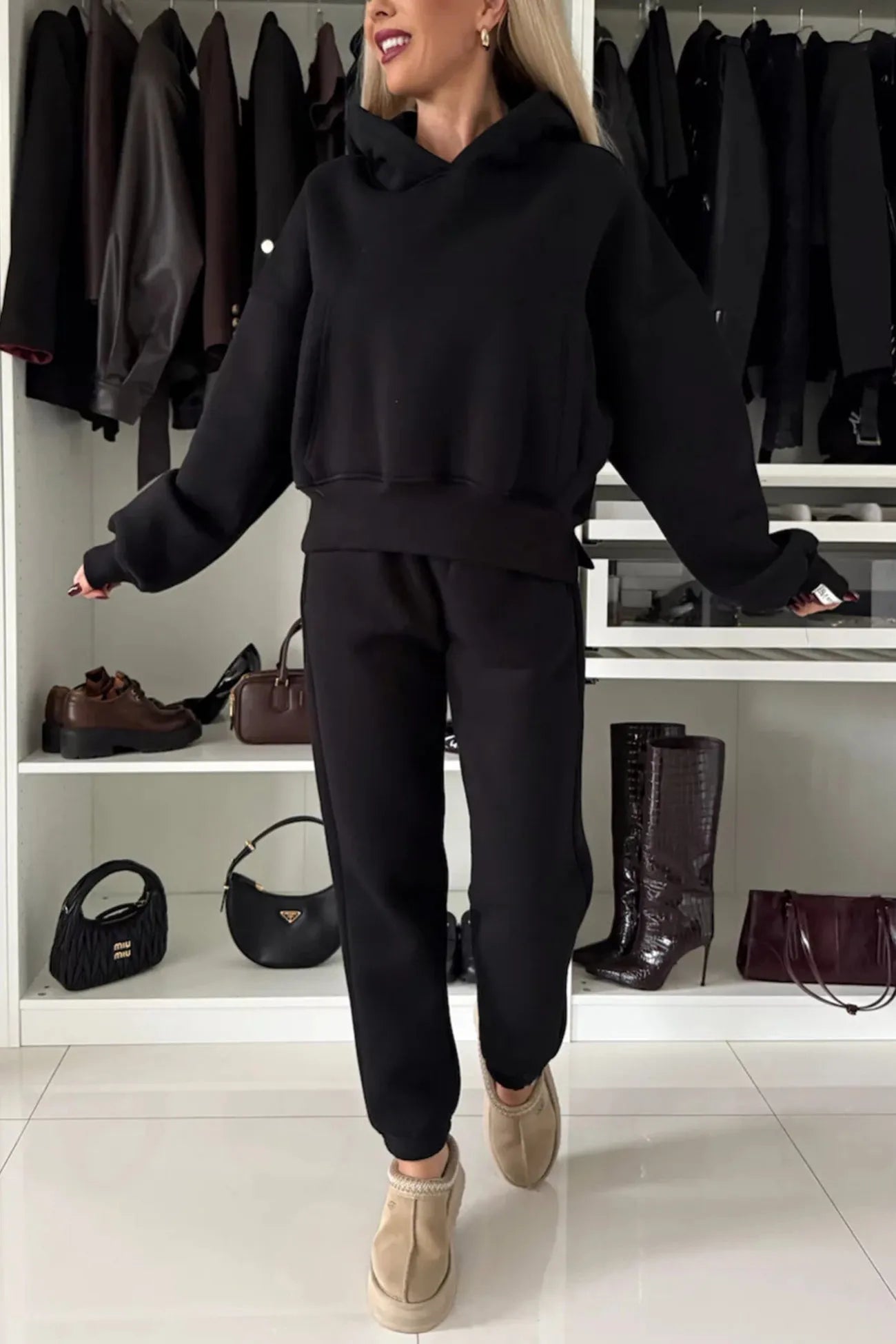 Solid Color Slit Cropped Hoodie Set