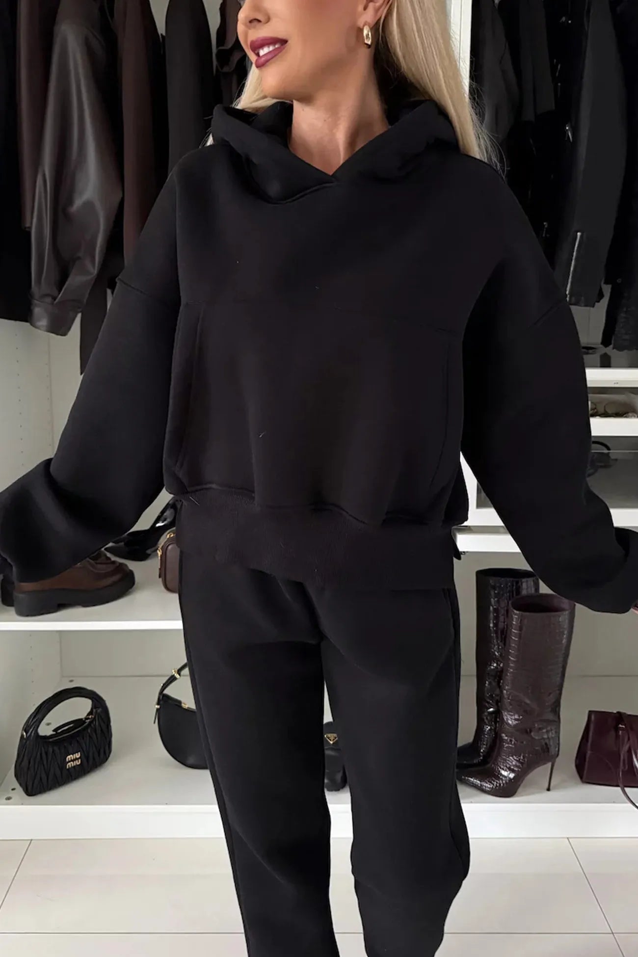 Solid Color Slit Cropped Hoodie Set