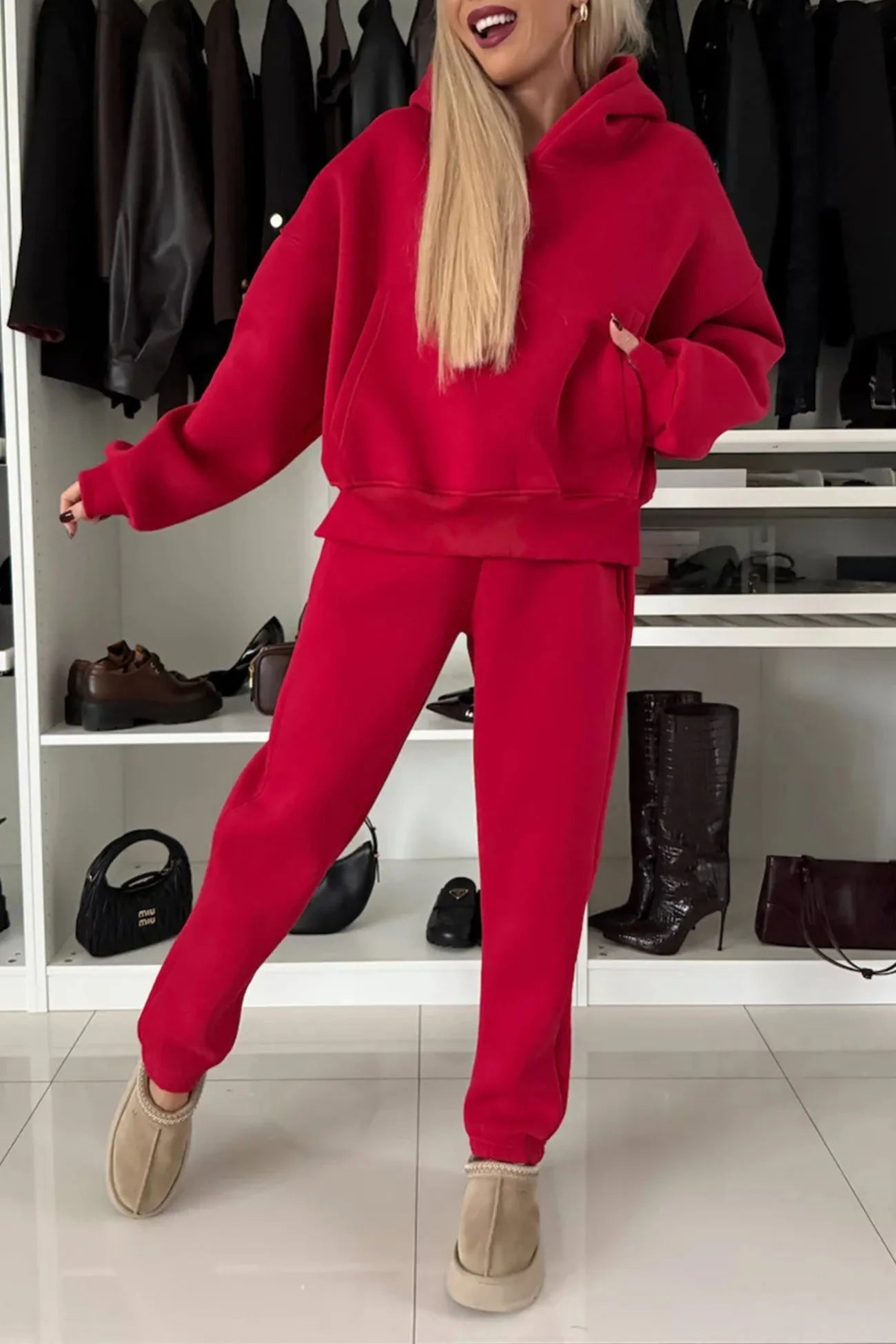 Solid Color Slit Cropped Hoodie Set