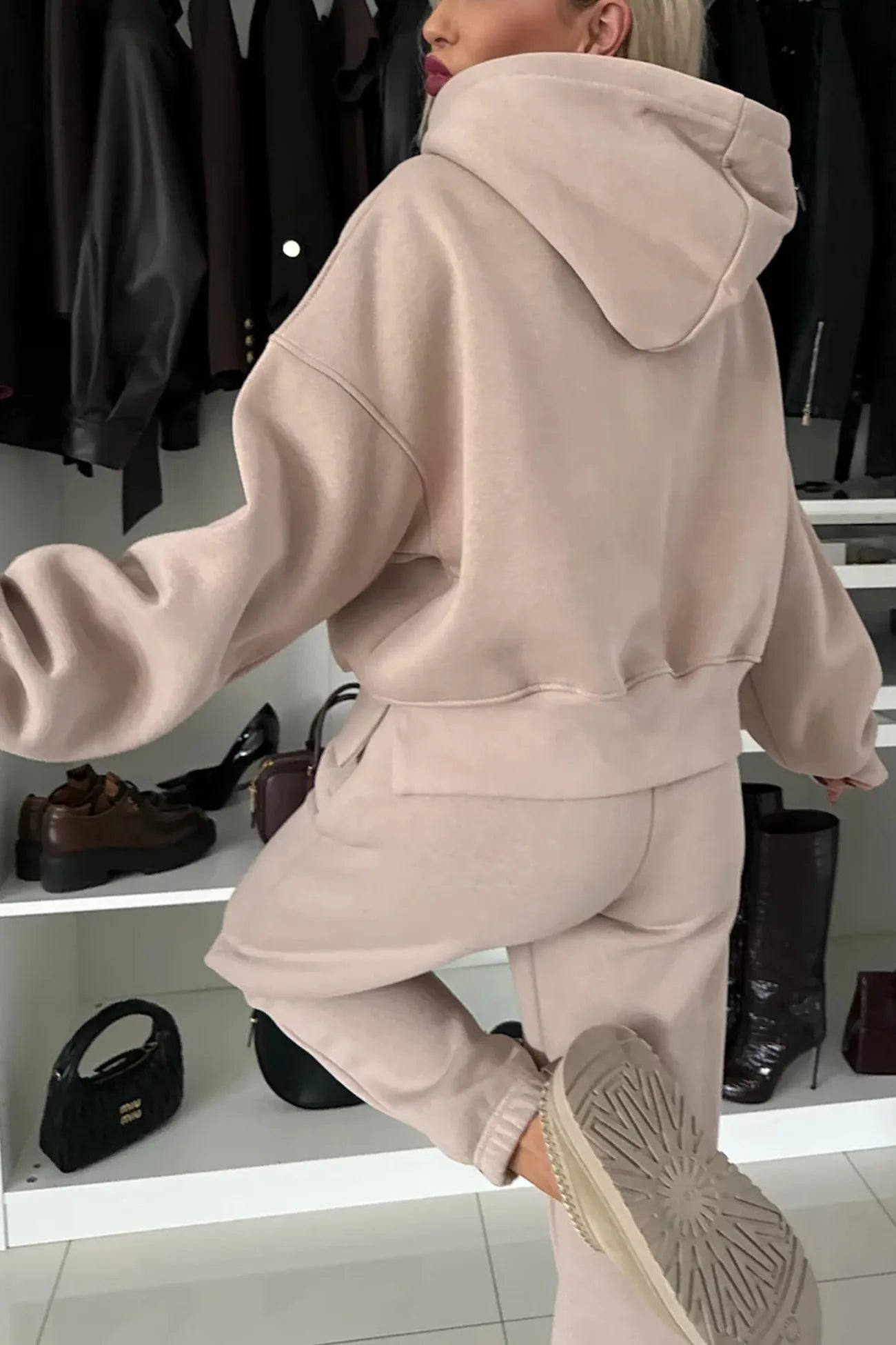 Solid Color Slit Cropped Hoodie Set