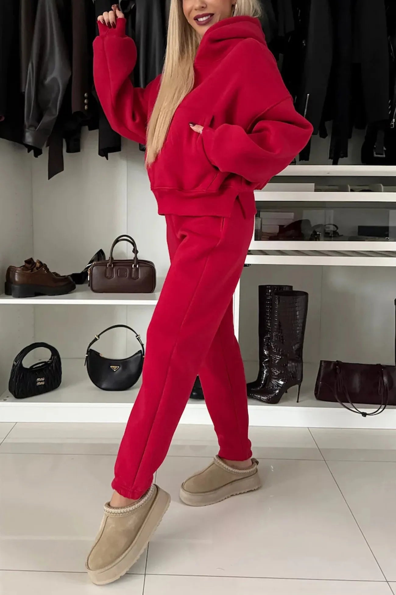 Solid Color Slit Cropped Hoodie Set