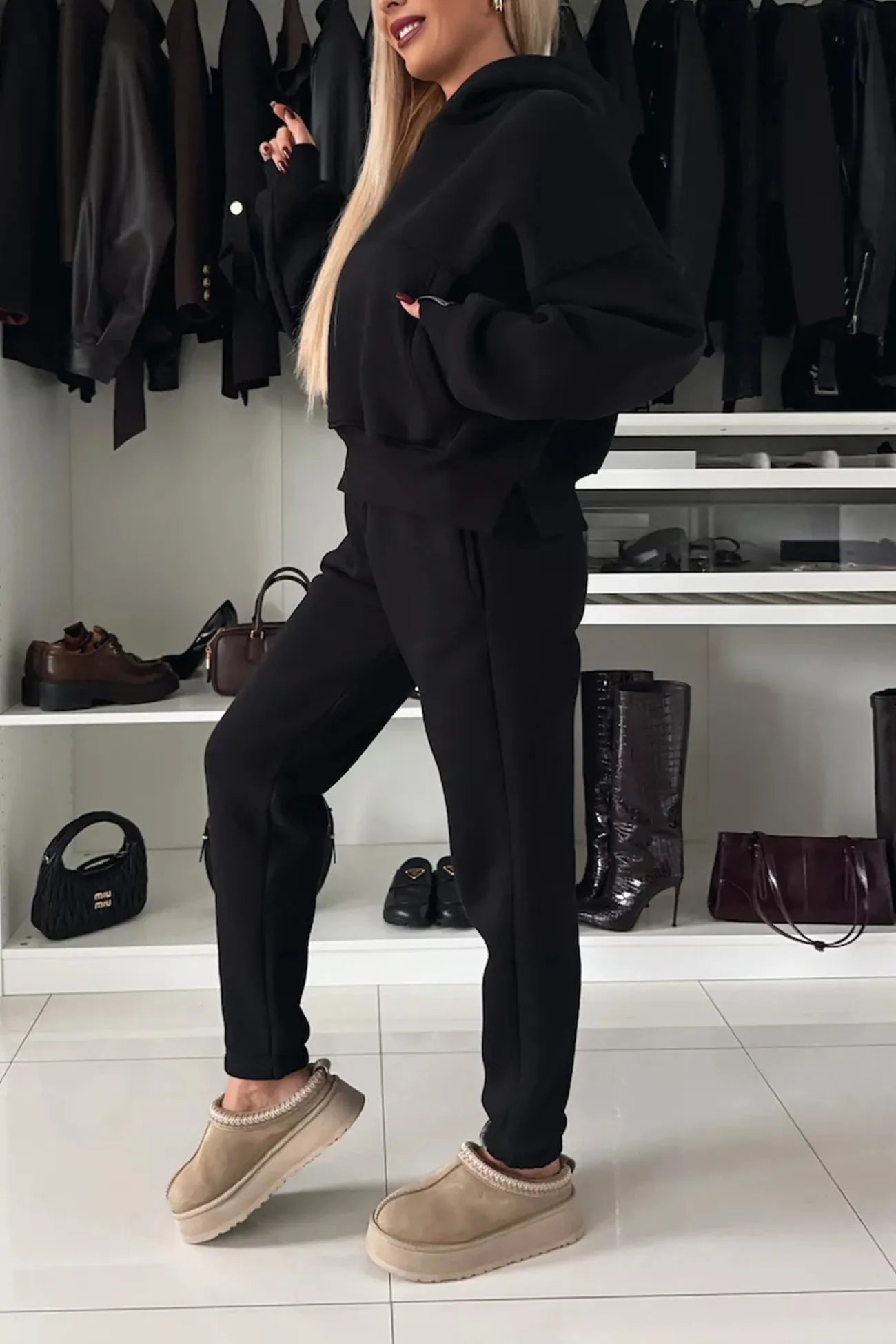 Solid Color Slit Cropped Hoodie Set