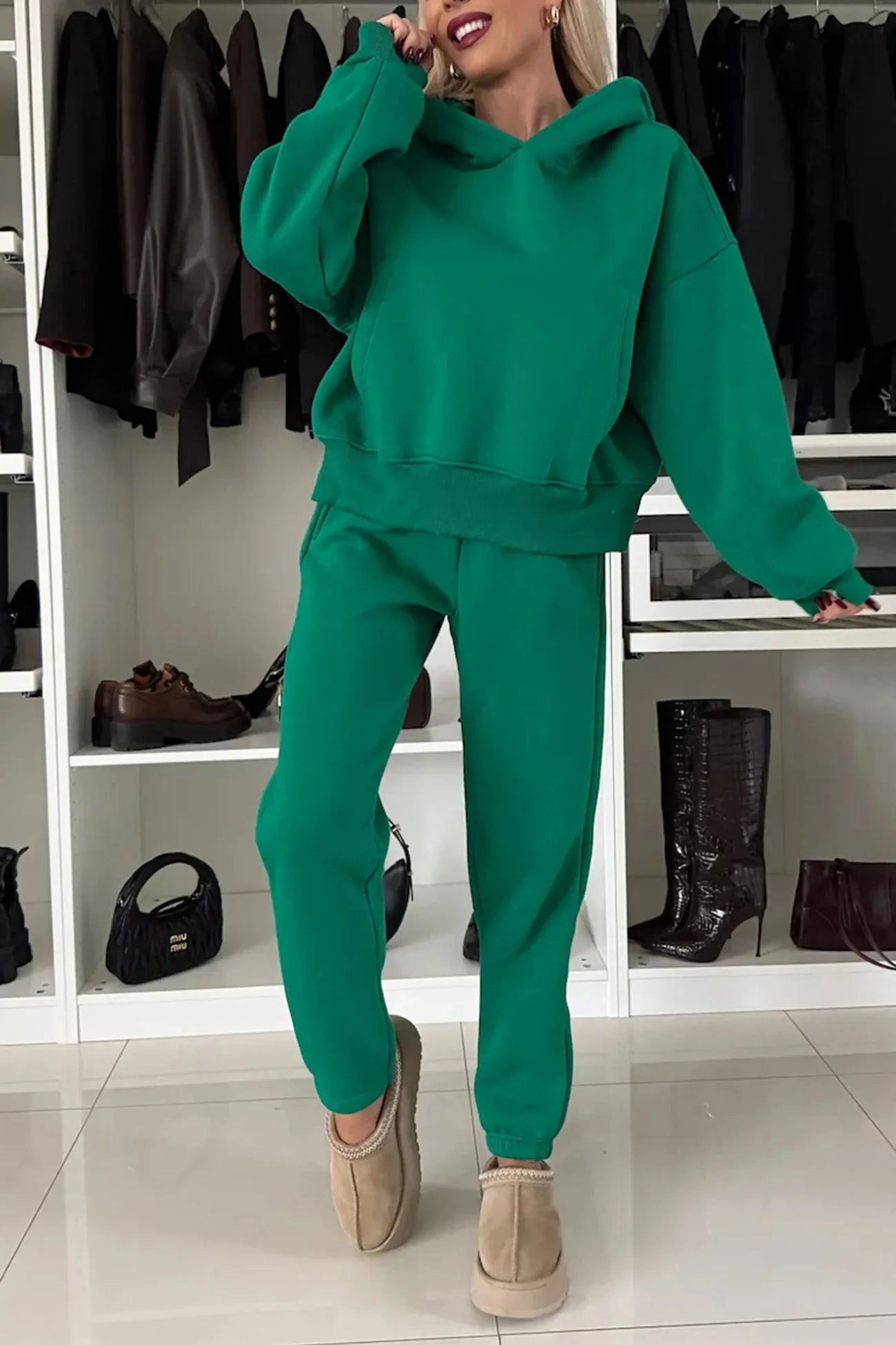 Solid Color Slit Cropped Hoodie Set
