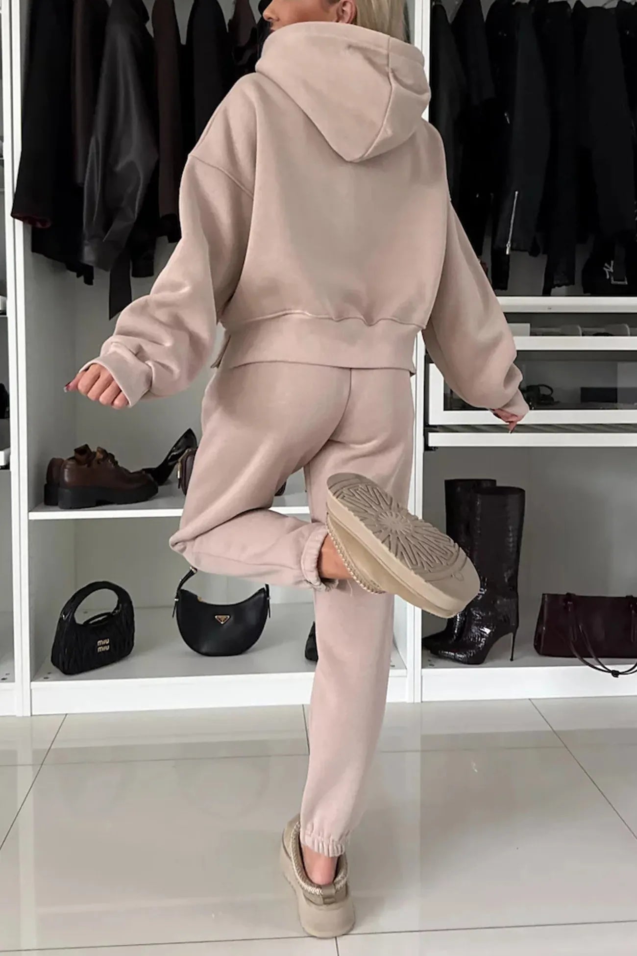 Solid Color Slit Cropped Hoodie Set