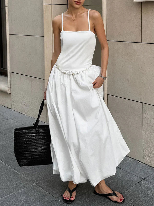 Spaghetti Strap Puffy Maxi White Dress