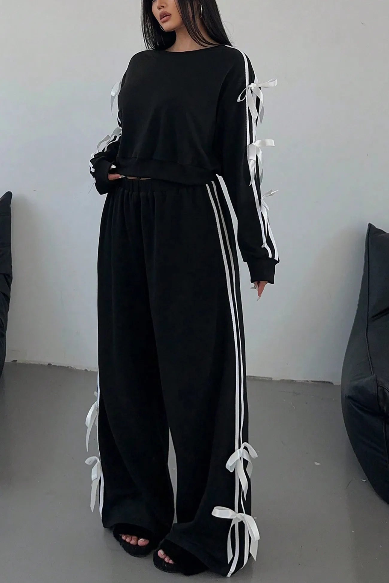 Striped Bow Tie Sleeve Hoodie Suits