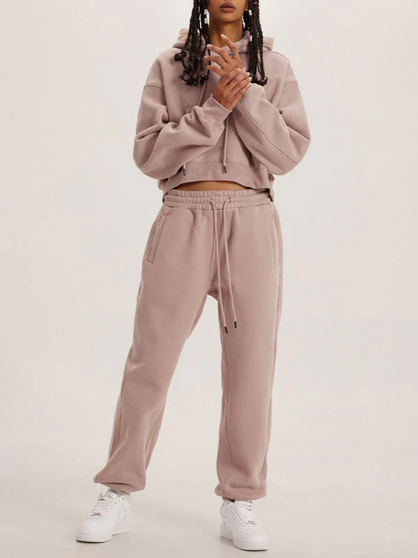 Thick Plush Hoodies Solid Short Top & Long Pants Set