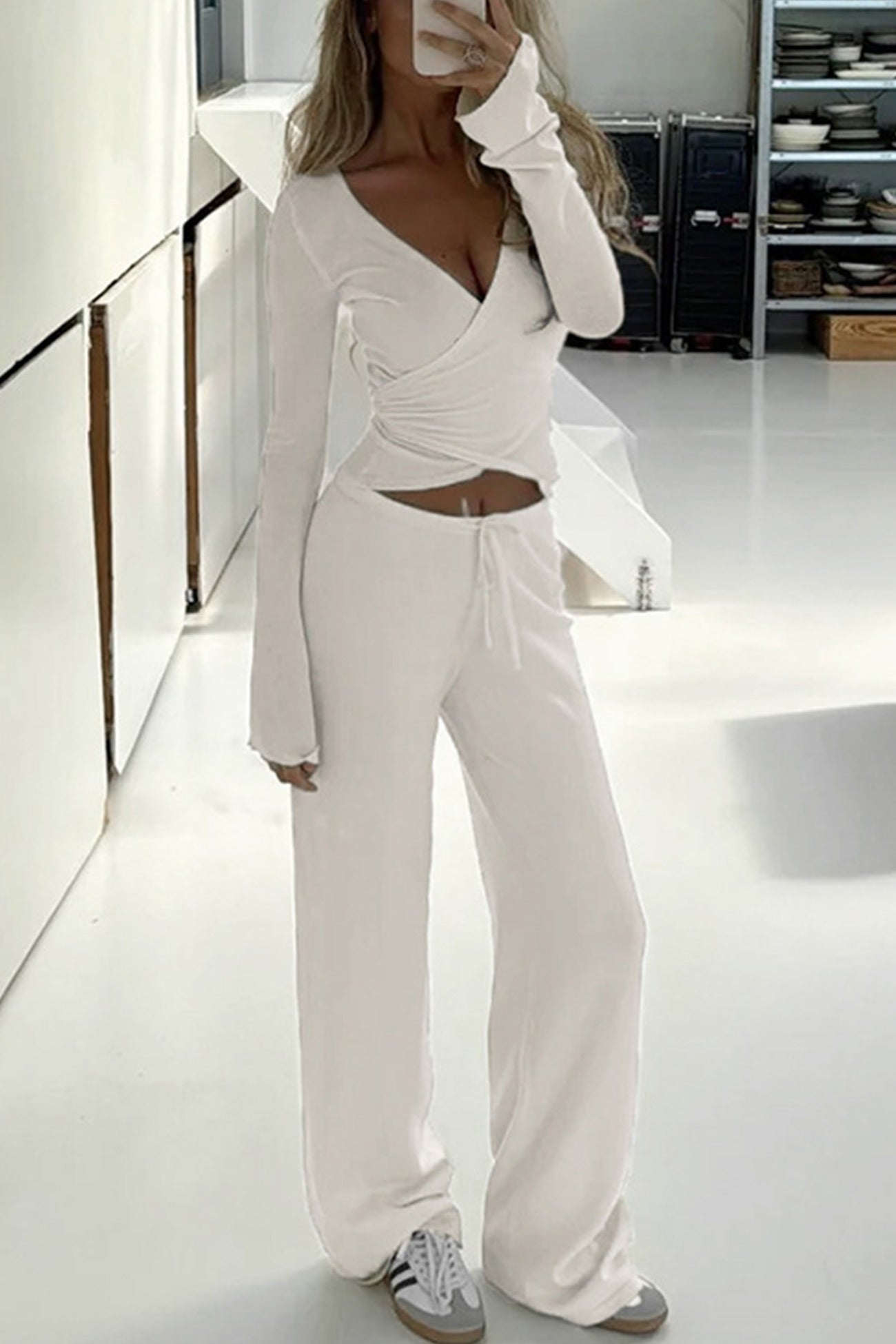 Tie-up Plush Lined Crop Top Pants Set