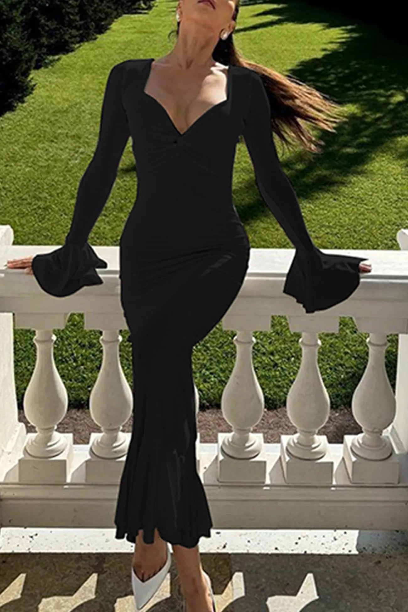 Twisted Flare Sleeve Ruffle Dress