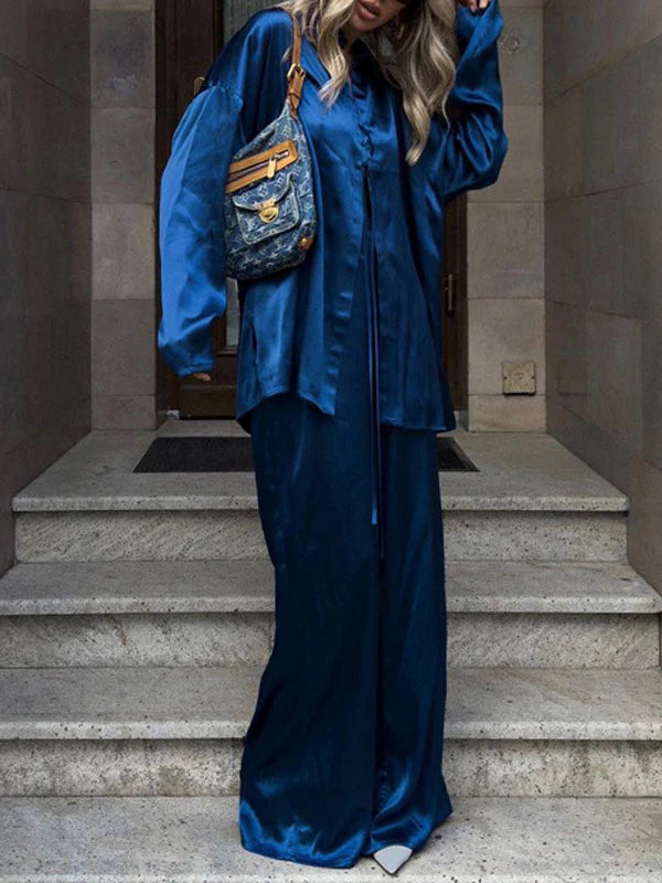 Two Pieces Satin Long Sleeve Tie Shirt & Pants Set
