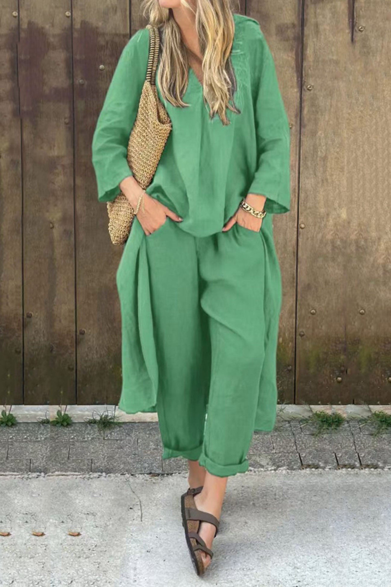 V Neck High Low Shirt Pants Set