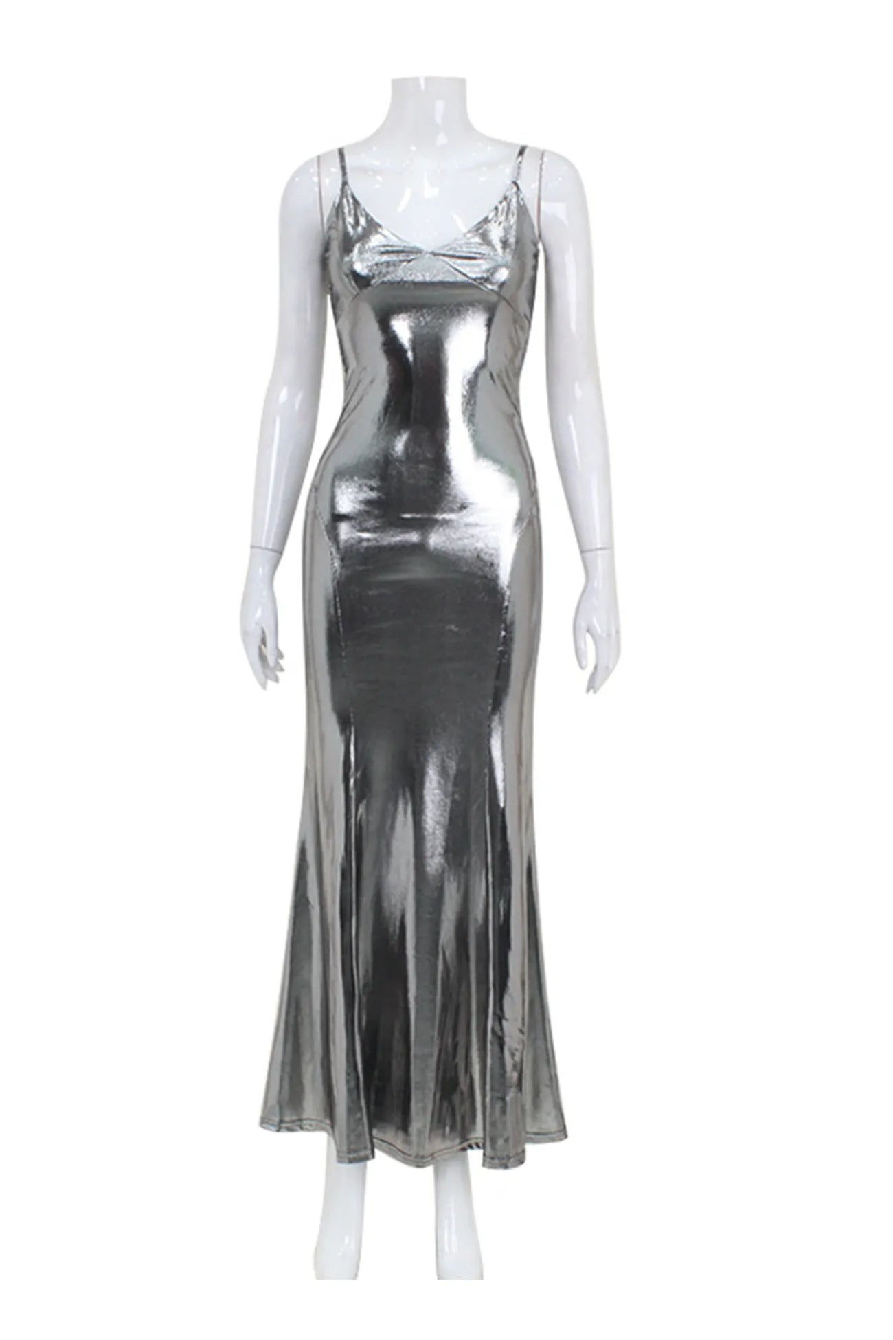 V Neck Shiny Fishtail Maxi Dress