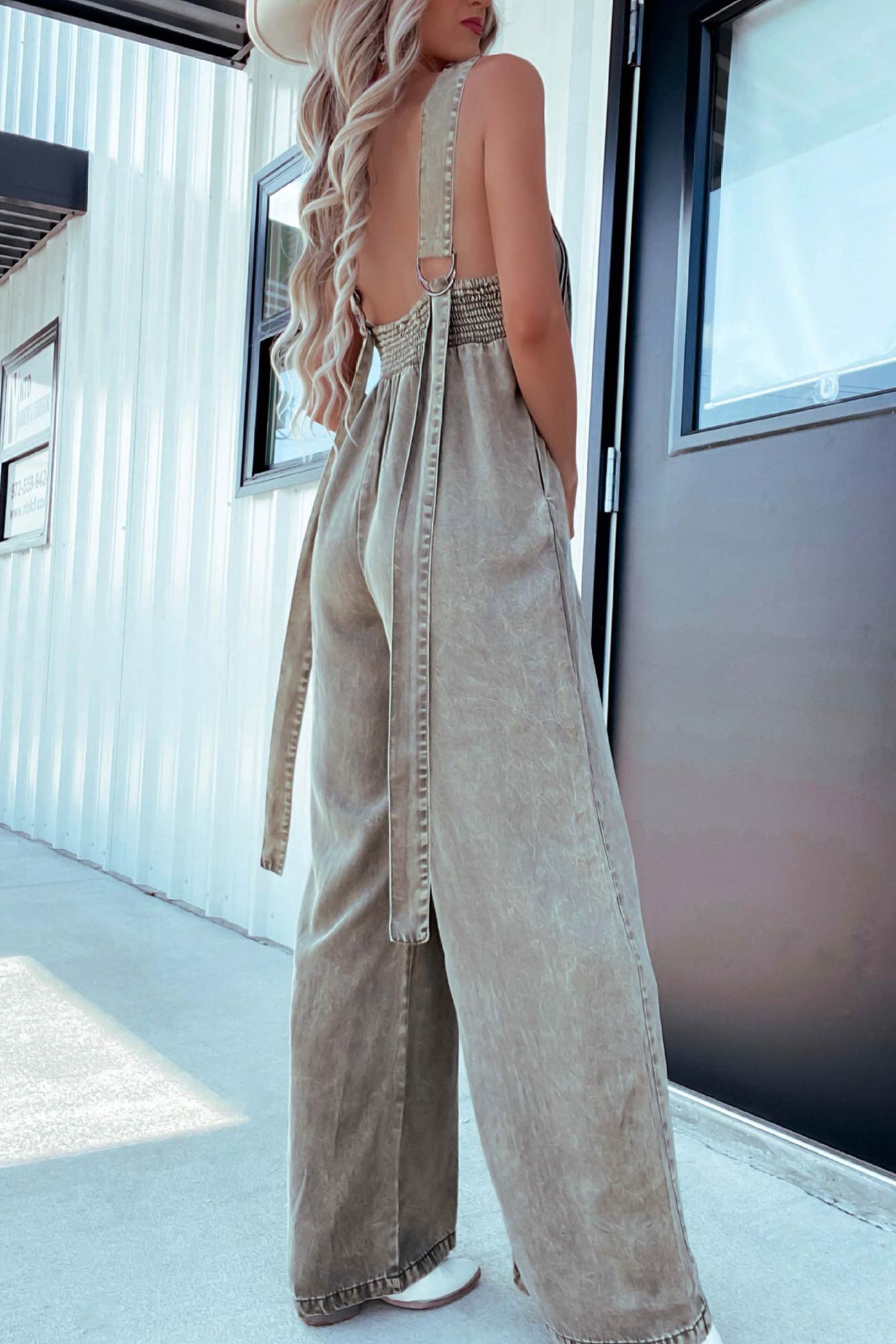 V Neck Smocked Backless Denim