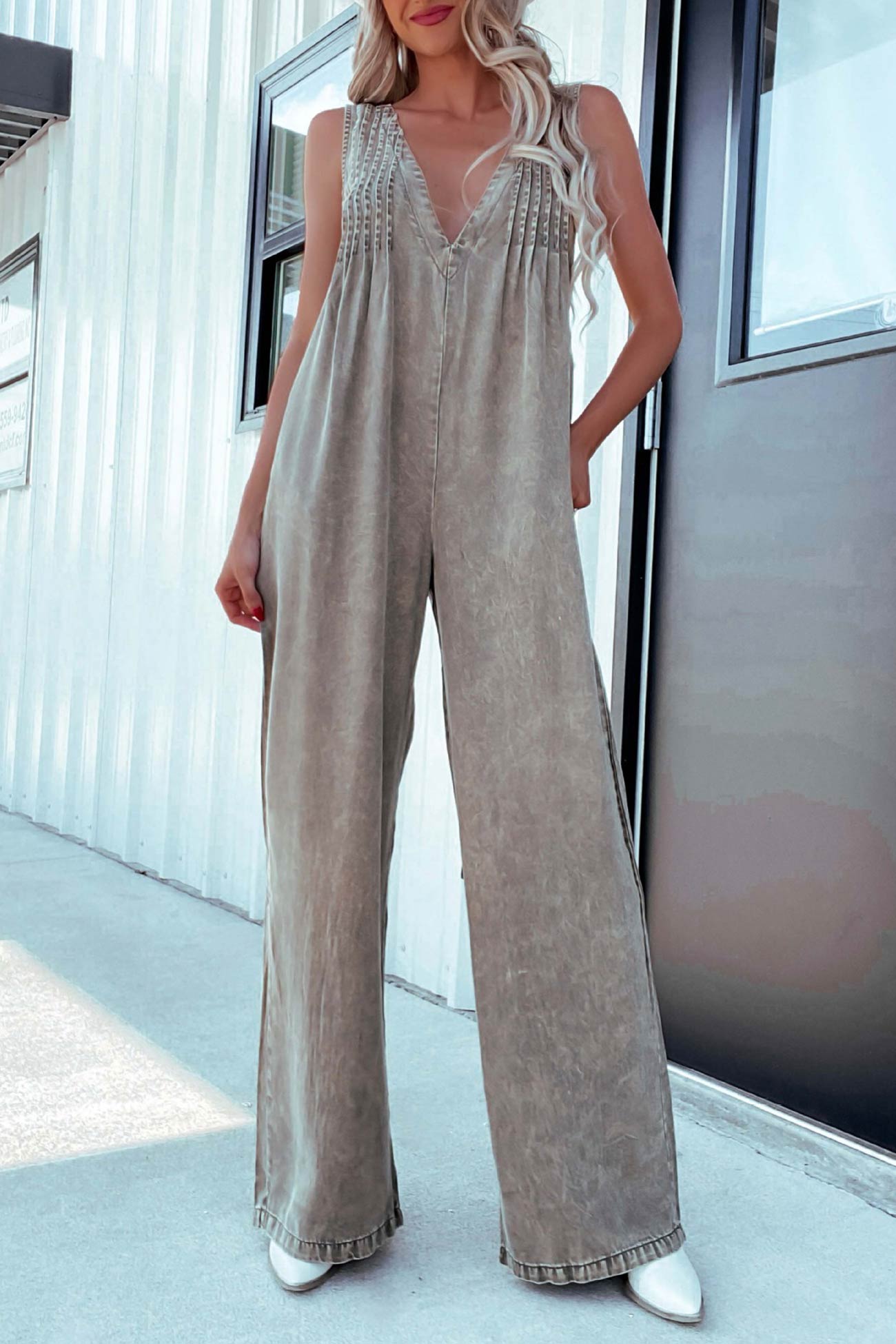 V Neck Smocked Backless Denim