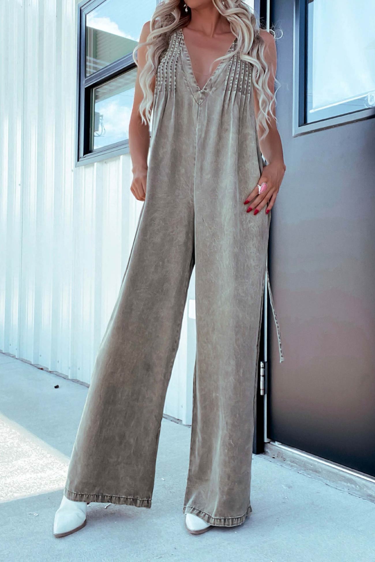 V Neck Smocked Backless Denim