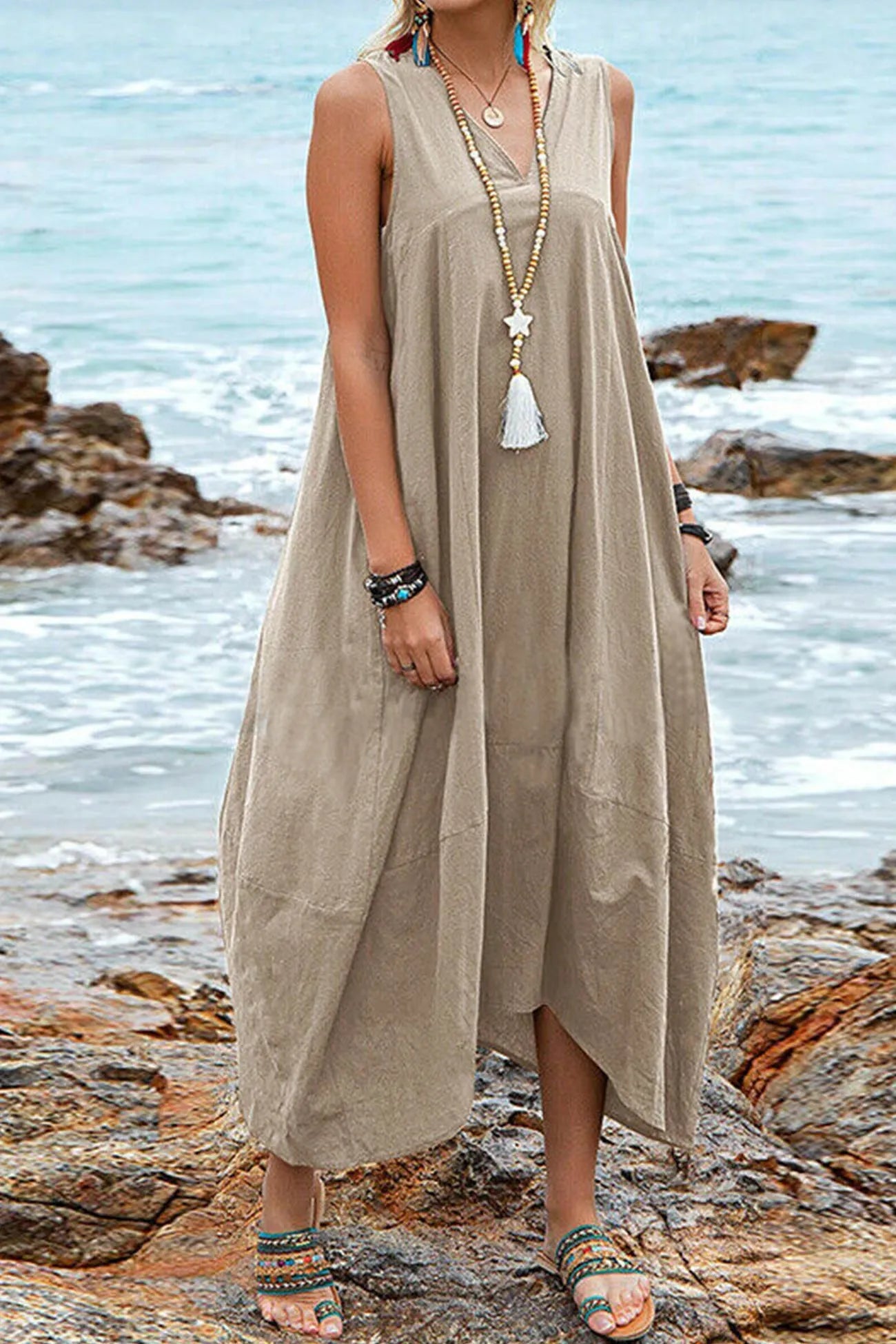 V Neck Pocketed Large Hem Sundress