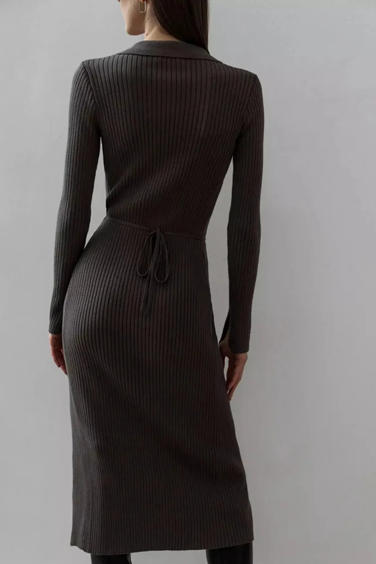 V Neck Tie-up Slit Knit Dress