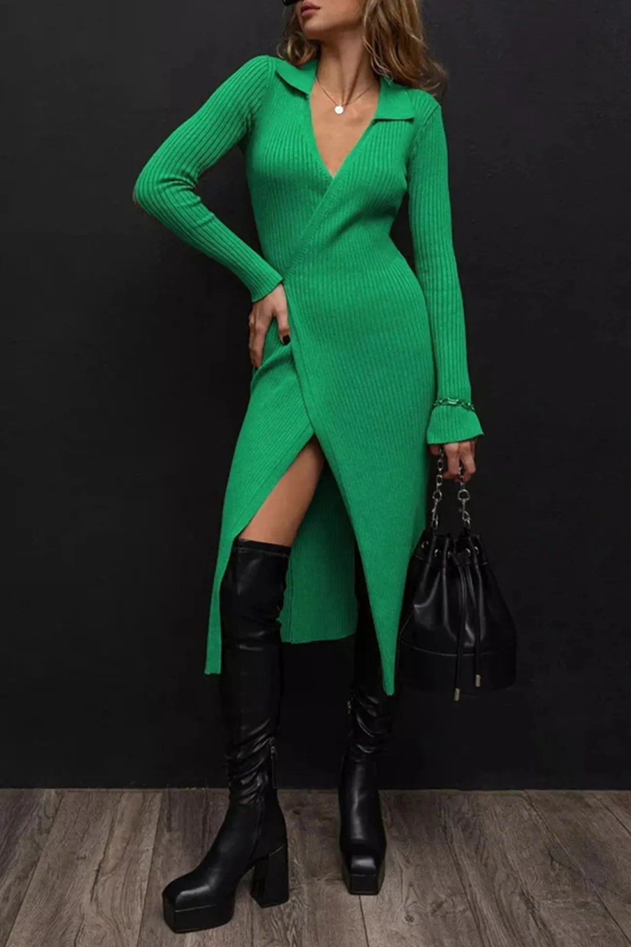 V Neck Tie-up Slit Knit Dress