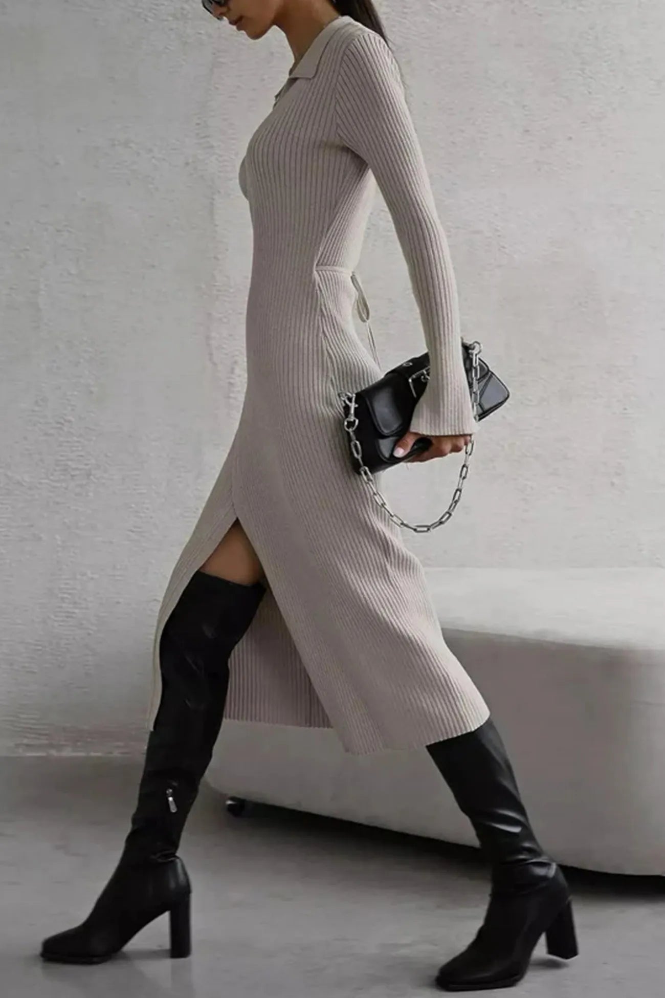V Neck Tie-up Slit Knit Dress