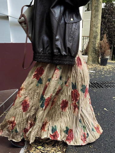 Vintage Rose Print Pleated Midi Long Skirt