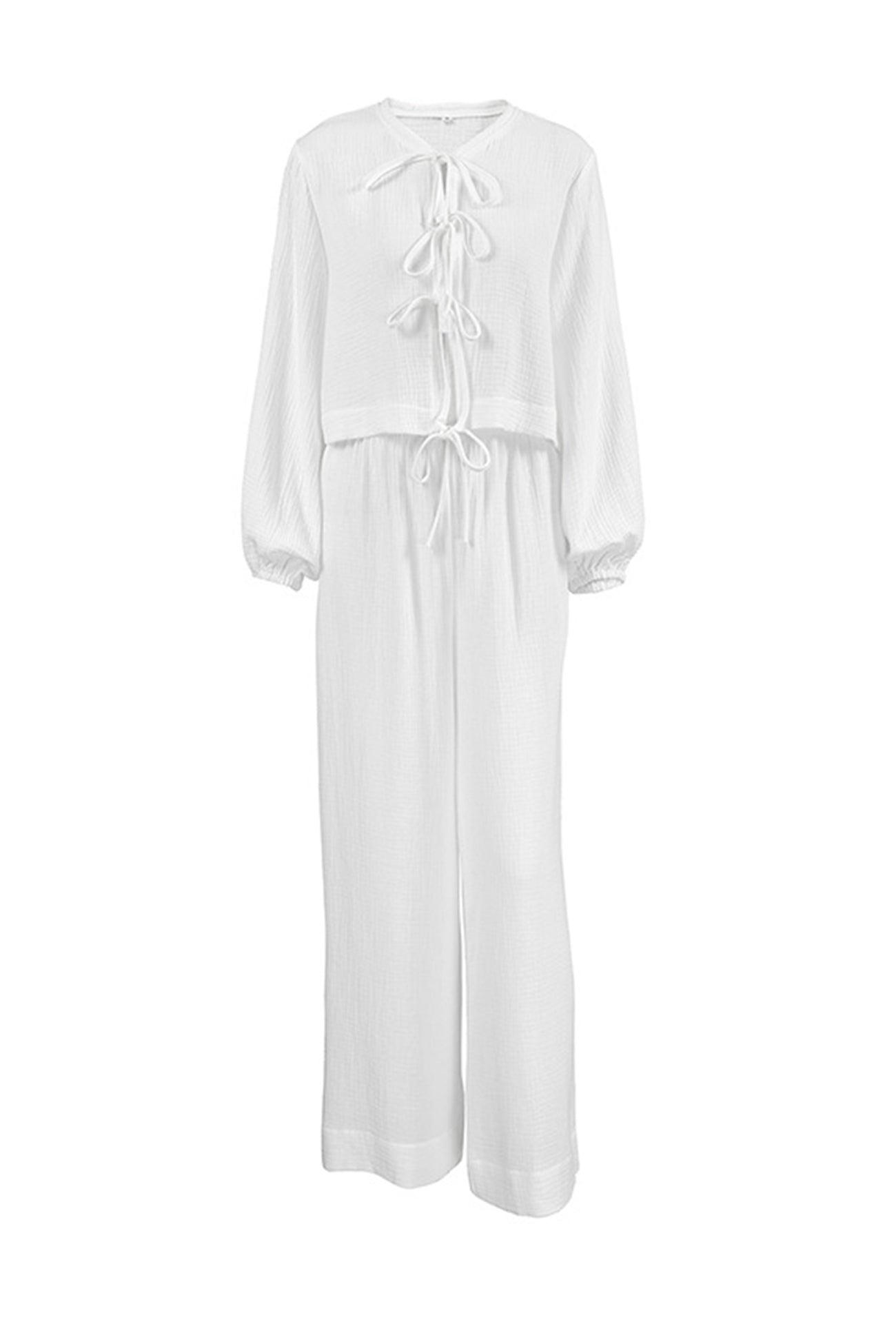 White Cotton Tie-up Shirt Long Pants Set