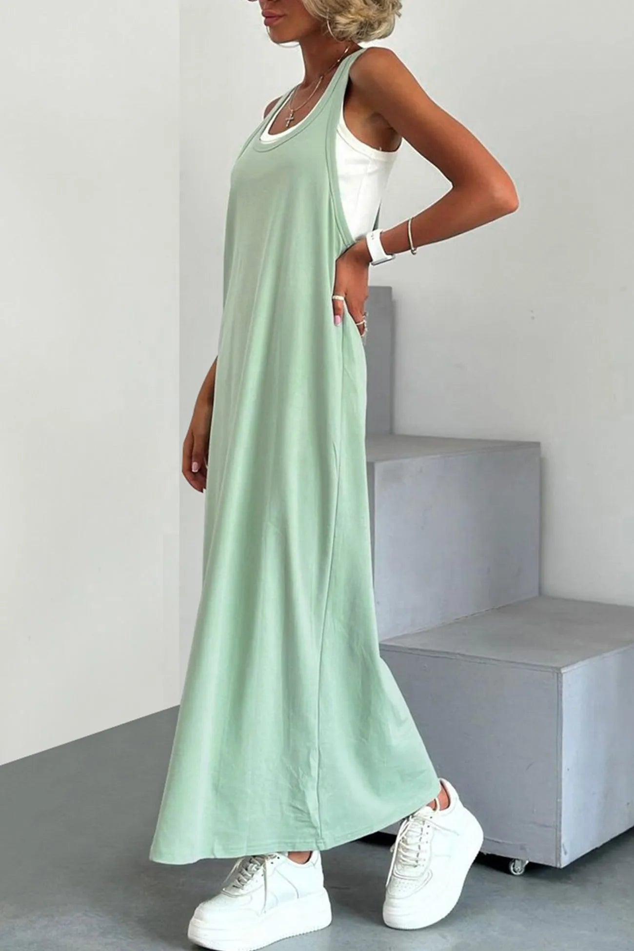 White Knit Tank Solid Sundress Two-piece Outfits
