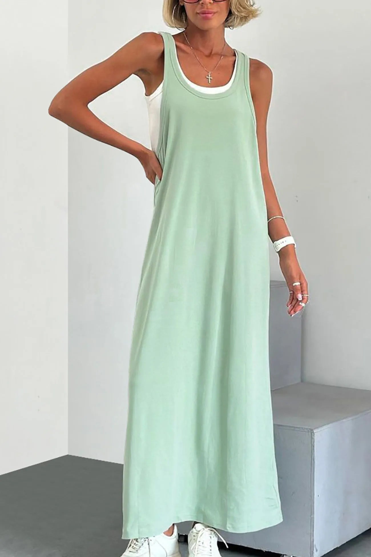 White Knit Tank Solid Sundress Two-piece Outfits