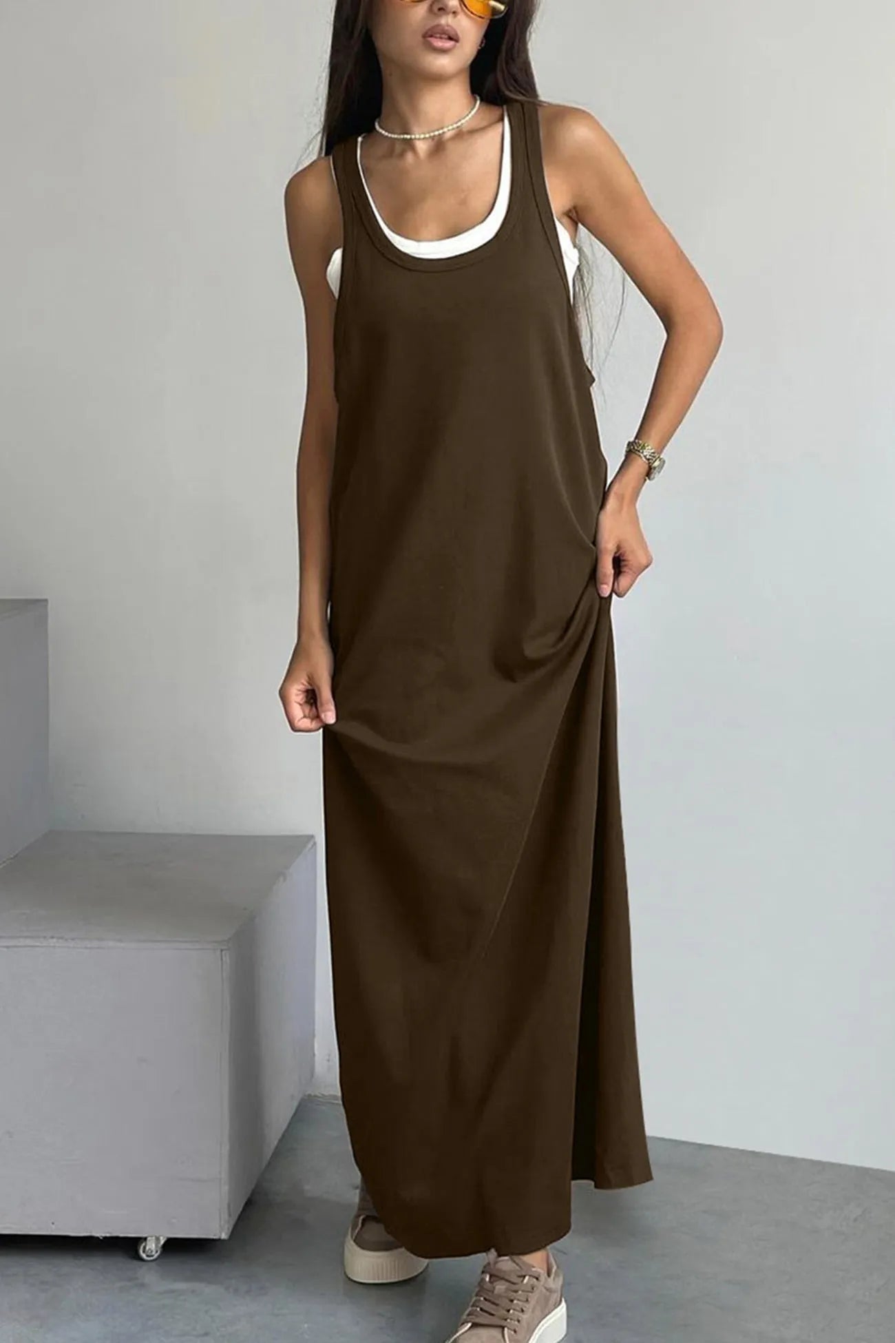 White Knit Tank Solid Sundress Two-piece Outfits