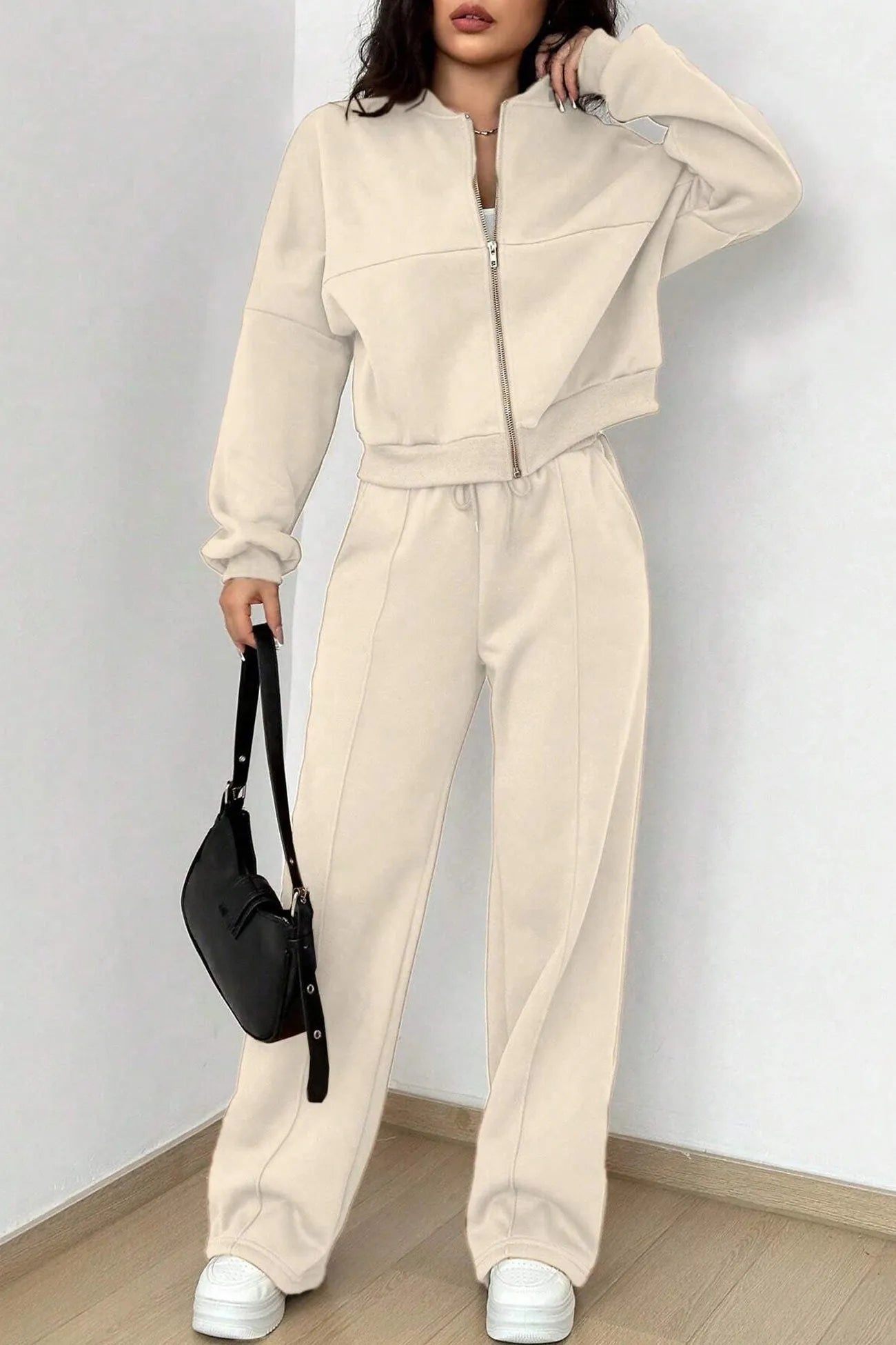 Zip-up Collarless Cardigan Sweatpants Set