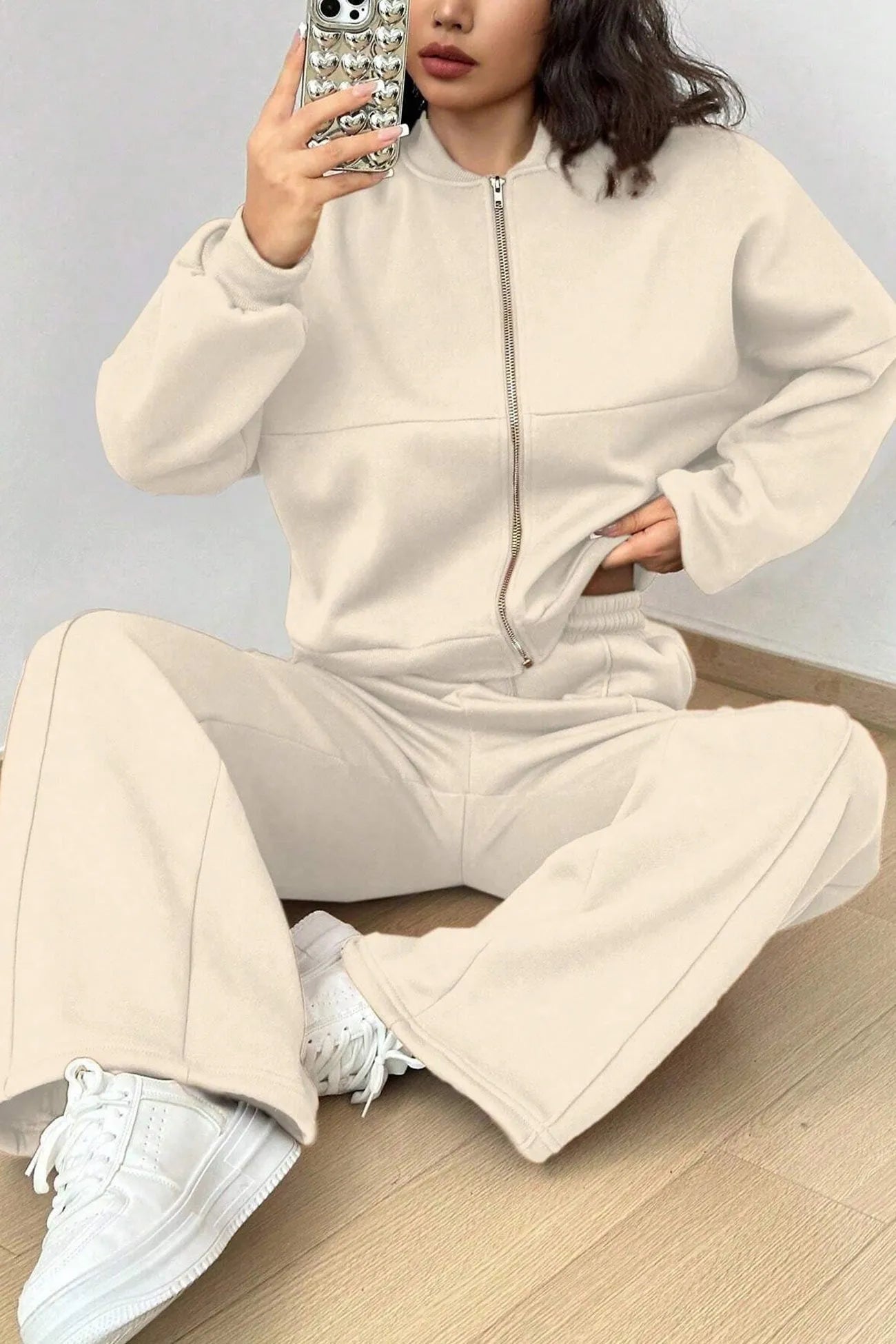 Zip-up Collarless Cardigan Sweatpants Set
