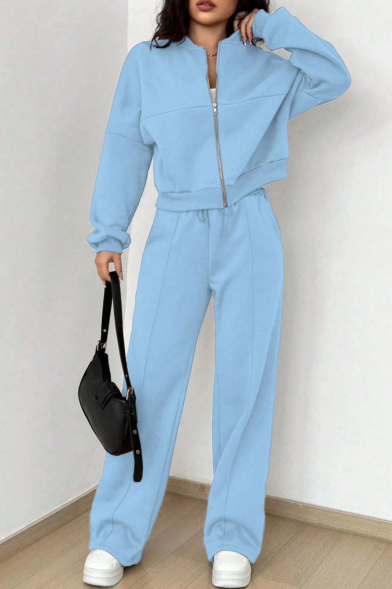Zip-up Collarless Cardigan Sweatpants Set