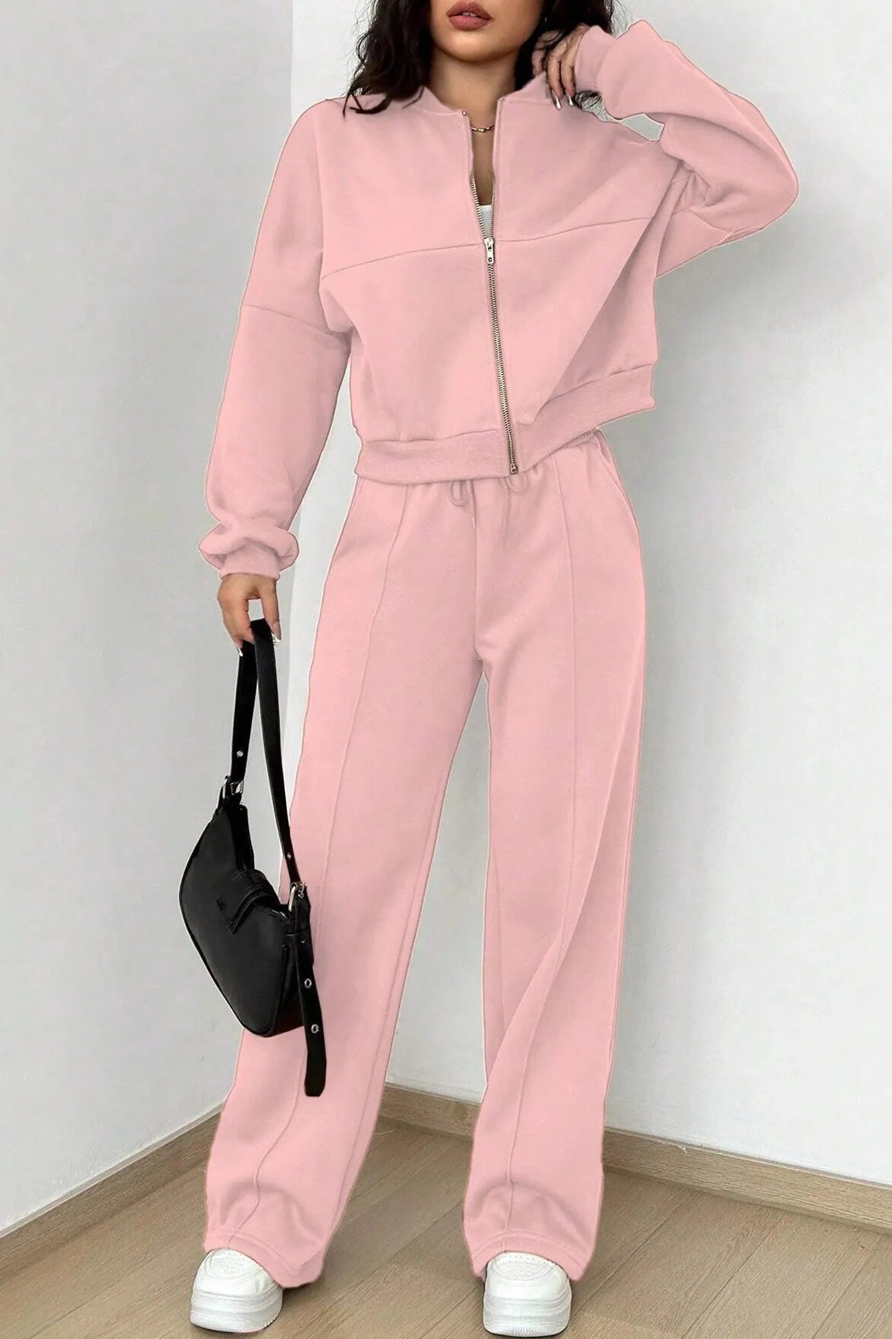 Zip-up Collarless Cardigan Sweatpants Set