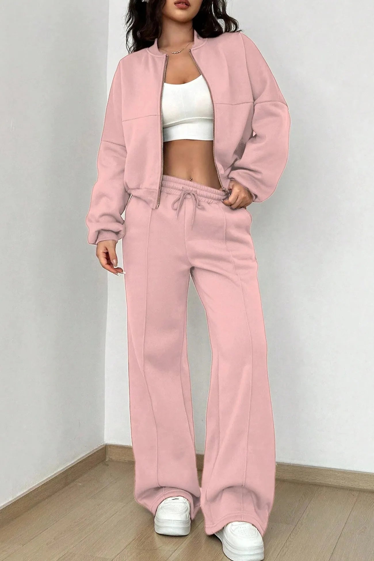 Zip-up Collarless Cardigan Sweatpants Set
