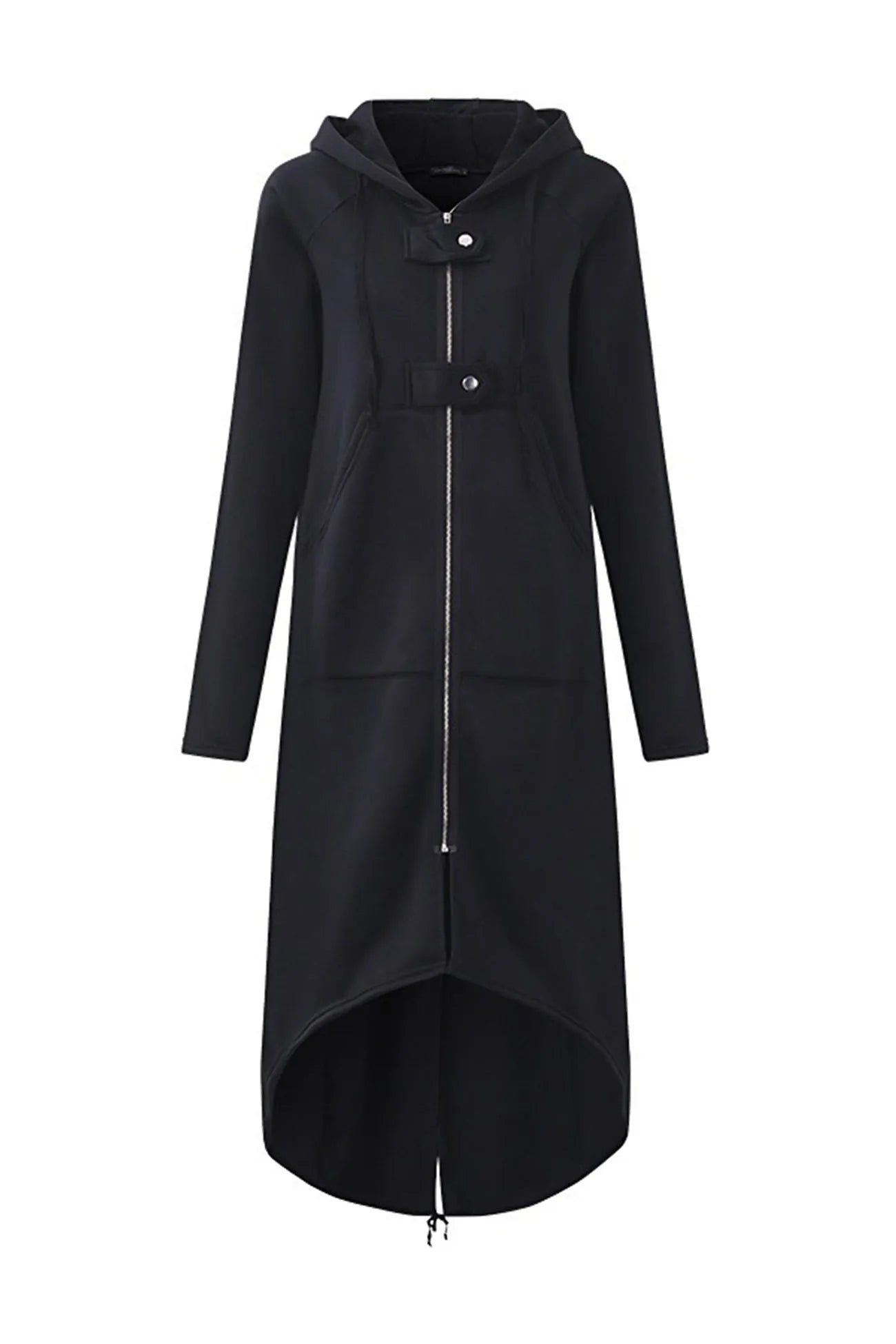 Zip-up High Low Drawstring Hem Long Hoodie