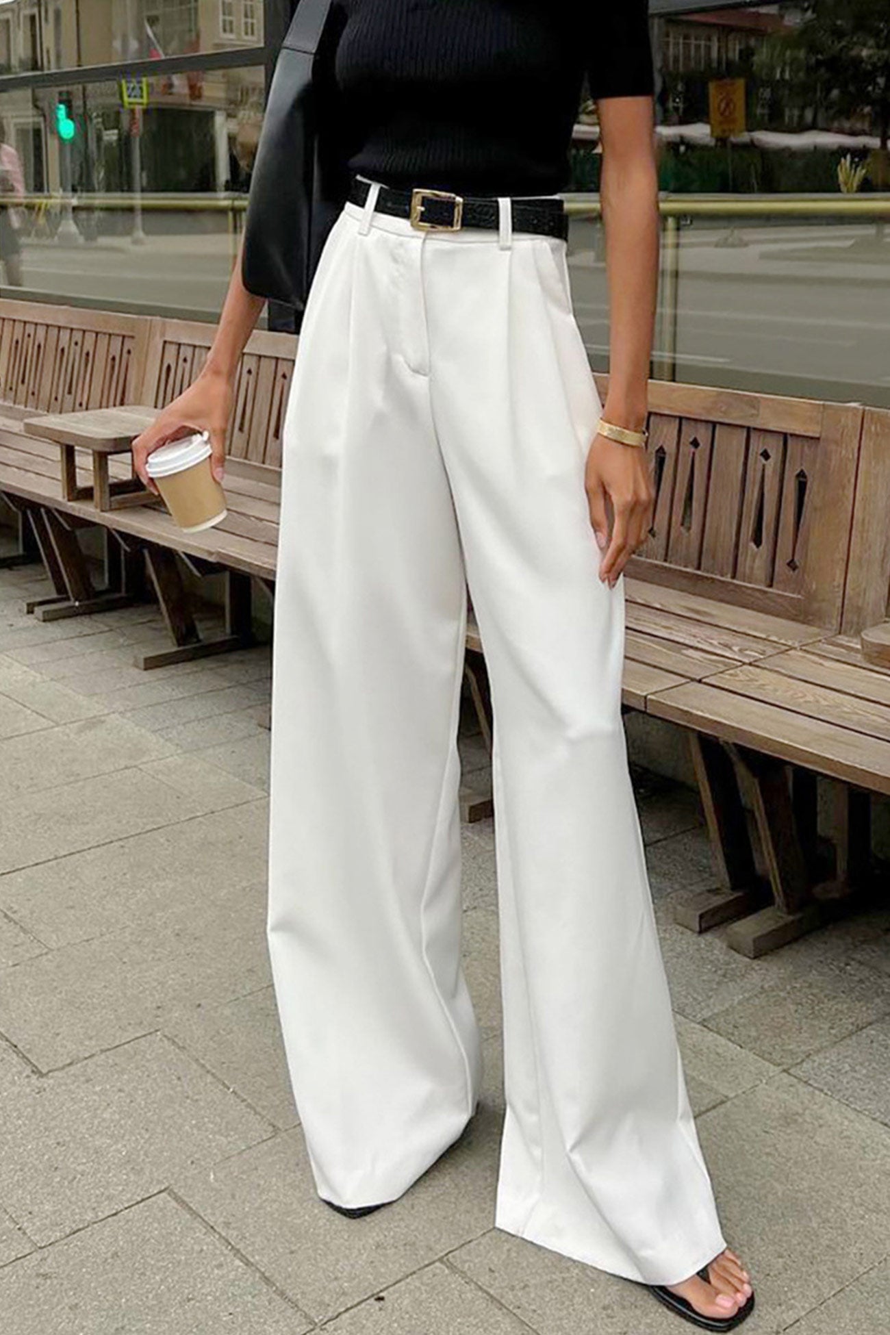 White High Rise Wide Leg Long Pants