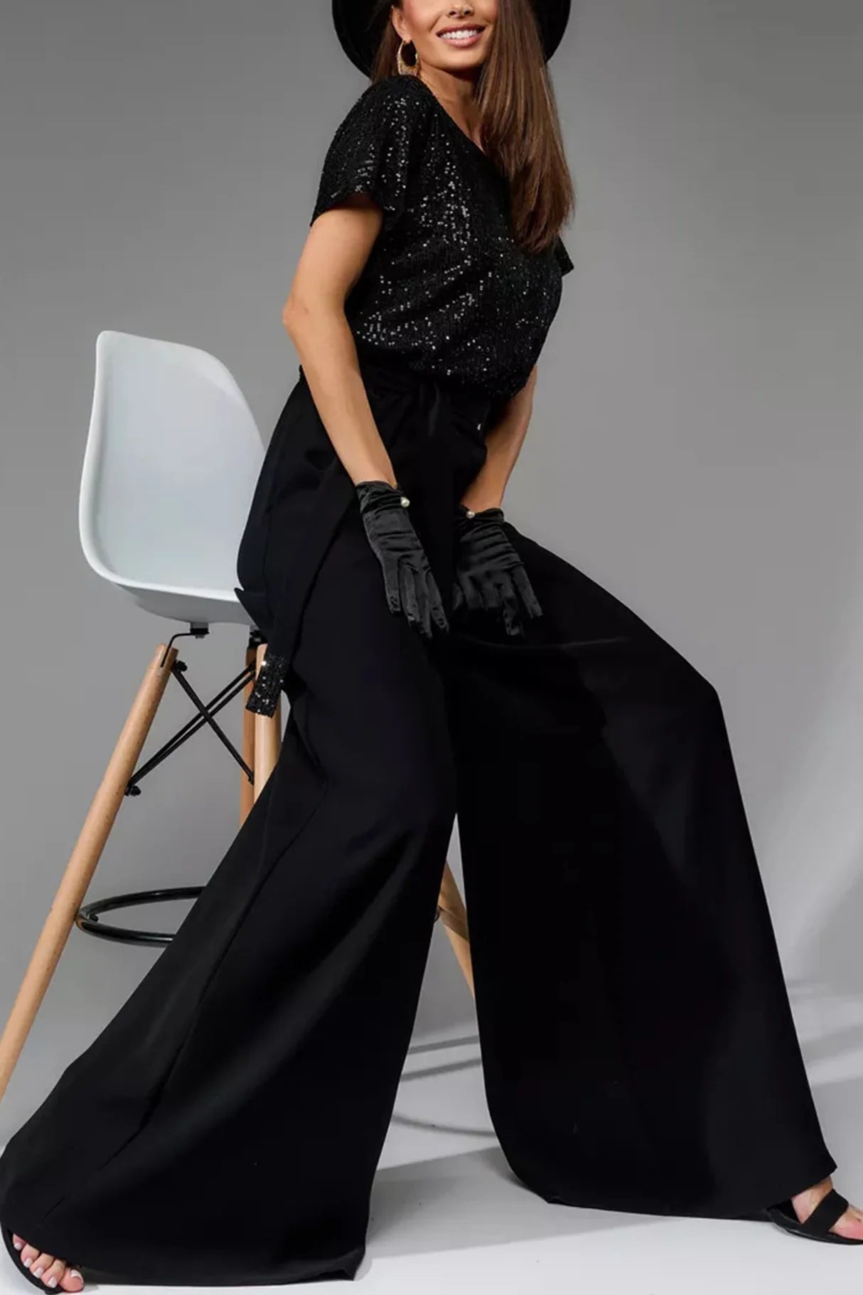 Sequin Patchwork Short Sleeve High Waist Jumpsuits