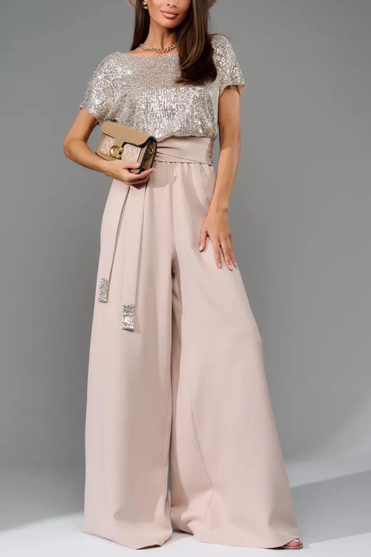 Sequin Patchwork Short Sleeve High Waist Jumpsuits