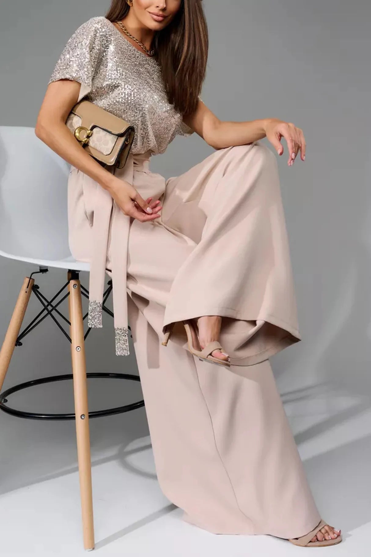 Sequin Patchwork Short Sleeve High Waist Jumpsuits
