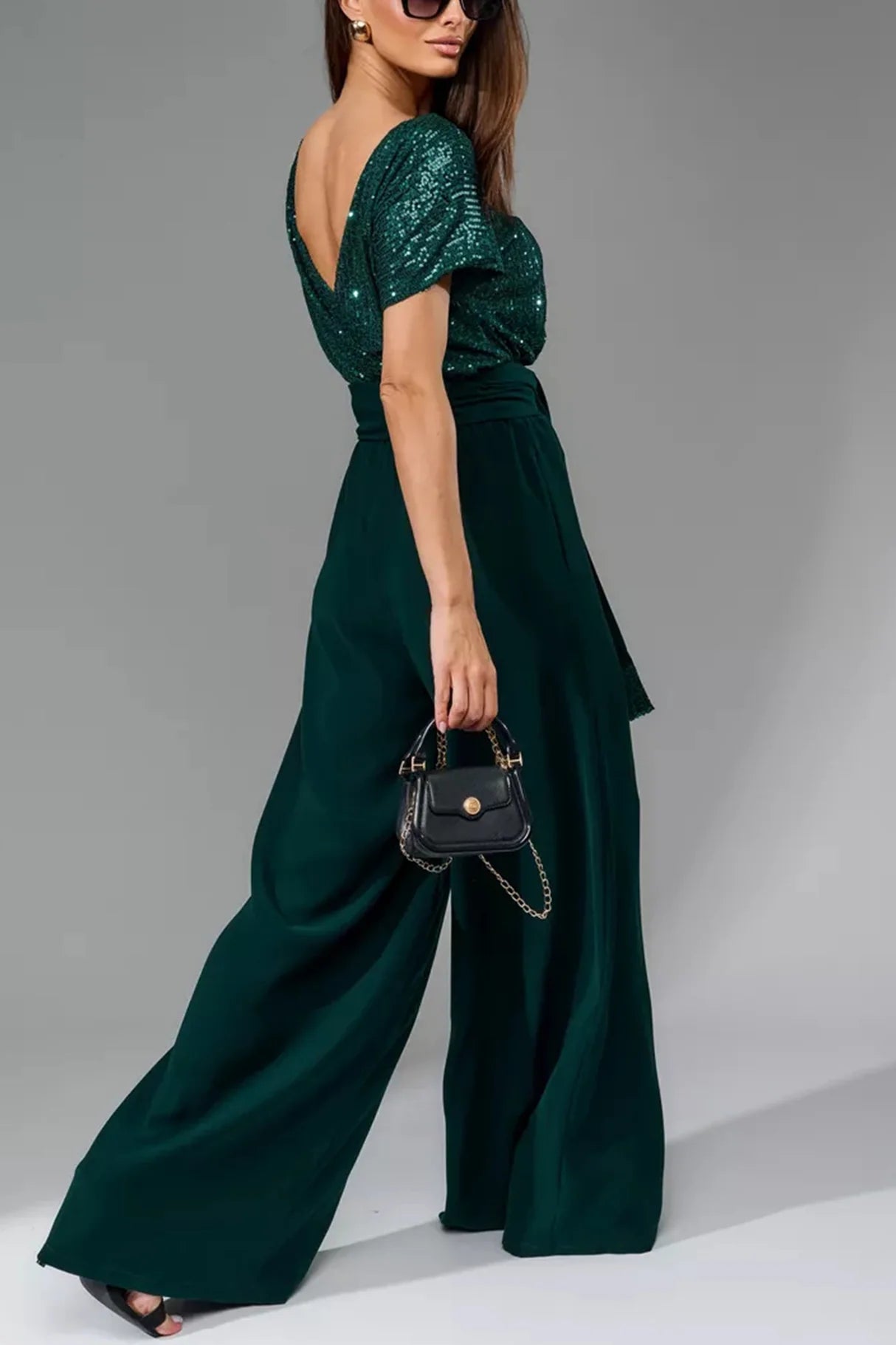Sequin Patchwork Short Sleeve High Waist Jumpsuits
